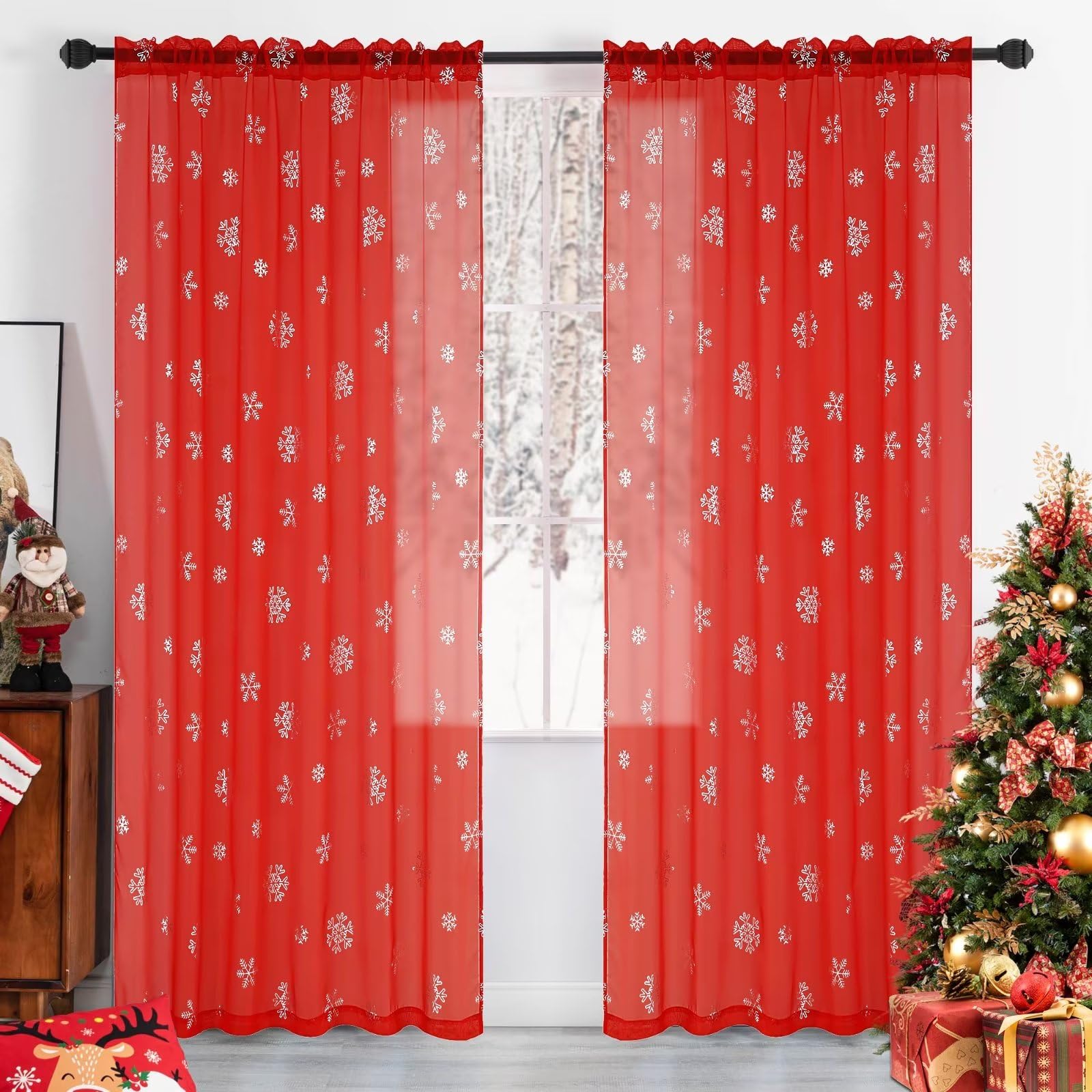 Mikiup Christmas Snowflakes Sheer Curtains, Silver Foil Printed Semi Sheer Drapes For Bedroom Living Room, 52 X 84 Inch Red