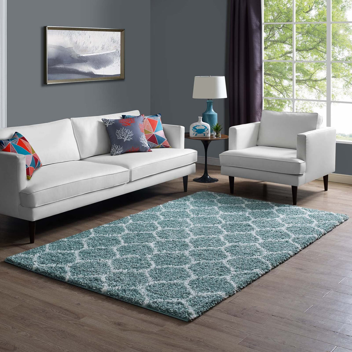 Modway Solvea Moroccan Trellis High Pile Shag 5X8 Area Rug With Lattice Design In Aqua Blue And Ivory