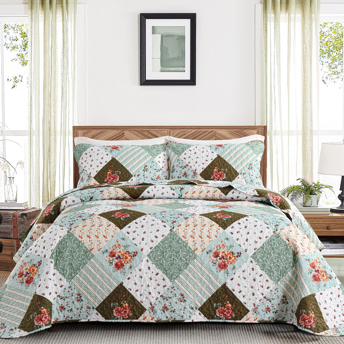 Dinjoy Green Quilt Set Queen Size, Reversible Floral Plaid Patchwork Pattern Bedding Set Green Soft Microfiber Lightweight Bedsp