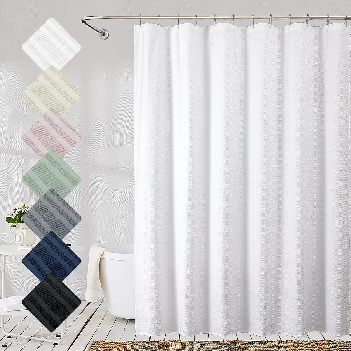 Aiyufeng Moga White Extra Long Shower Curtain 72 X 84, 3D Embossed Textured Fabric Shower Curtain For Bathroom, Water Repellent,