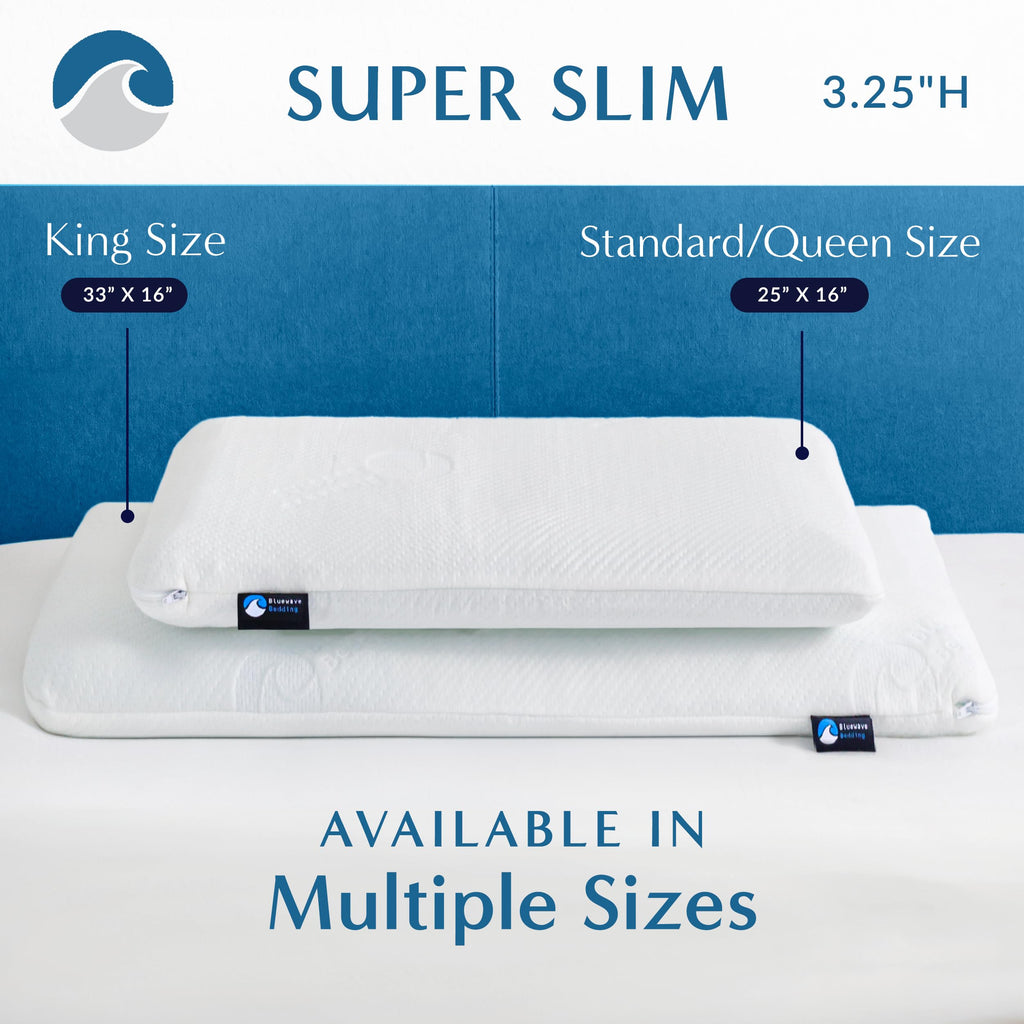 Bluewave Bedding Super Slim Gel Memory Foam Pillow For Stomach And Back Sleepers - Thin, Flat Design For Cervical Neck Alignment