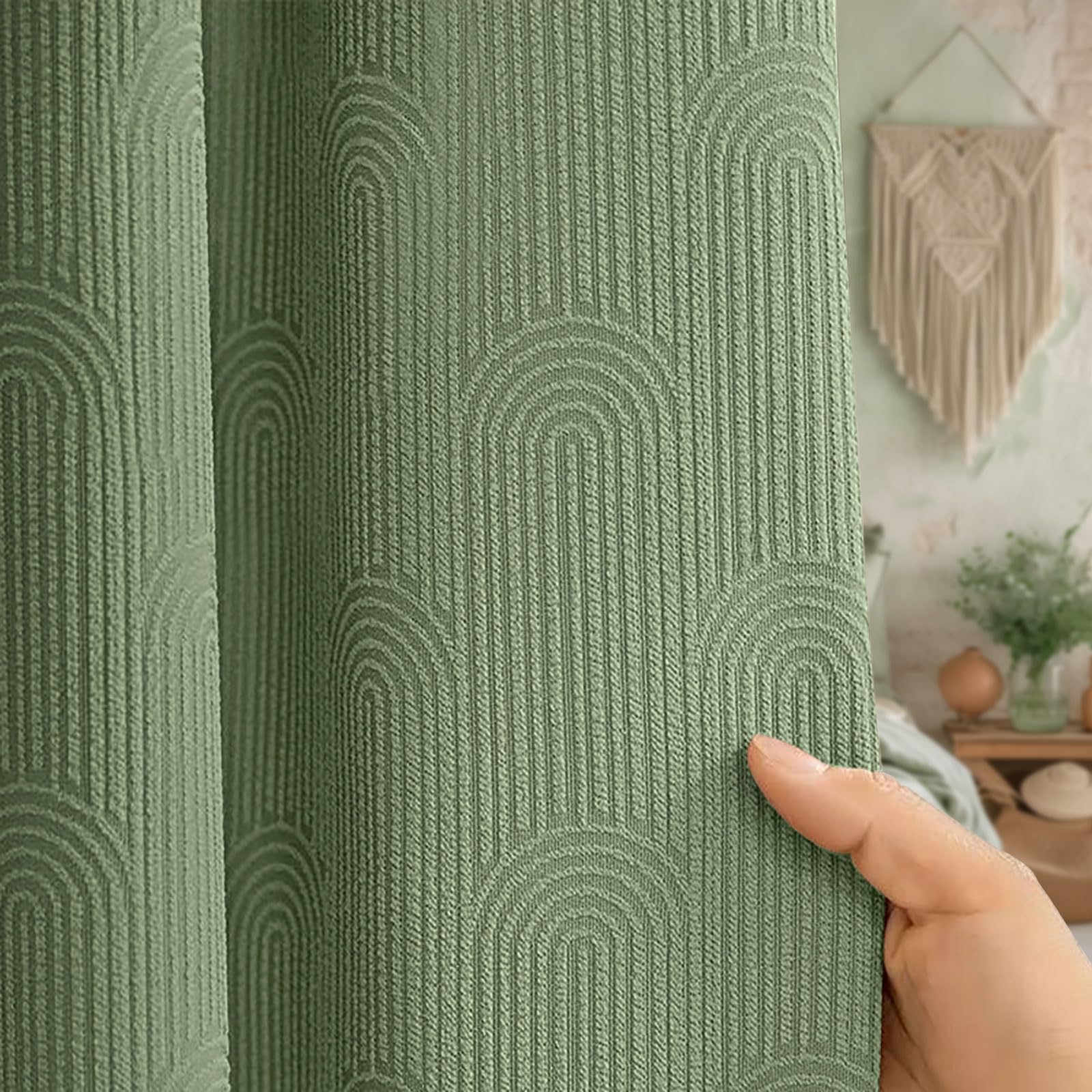 Awellife Sage Green Shower Curtains For Bathroom Linen Blend Fabric Cotton Bohemian Mid Century Boho Minimalist Arch 78' L X 72