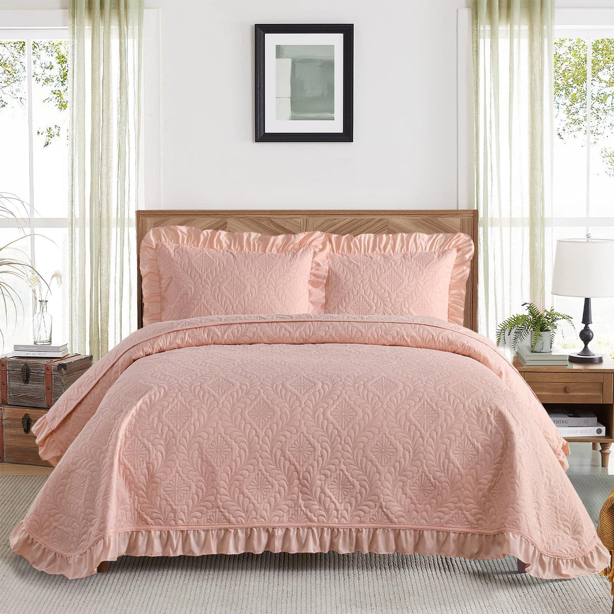 Djy Blush Pink Queen Quilt Bedding Set, Lightweight Soft Microfiber Bedspreads Coverlets Bed Cover Quilts Queen Size For All Sea