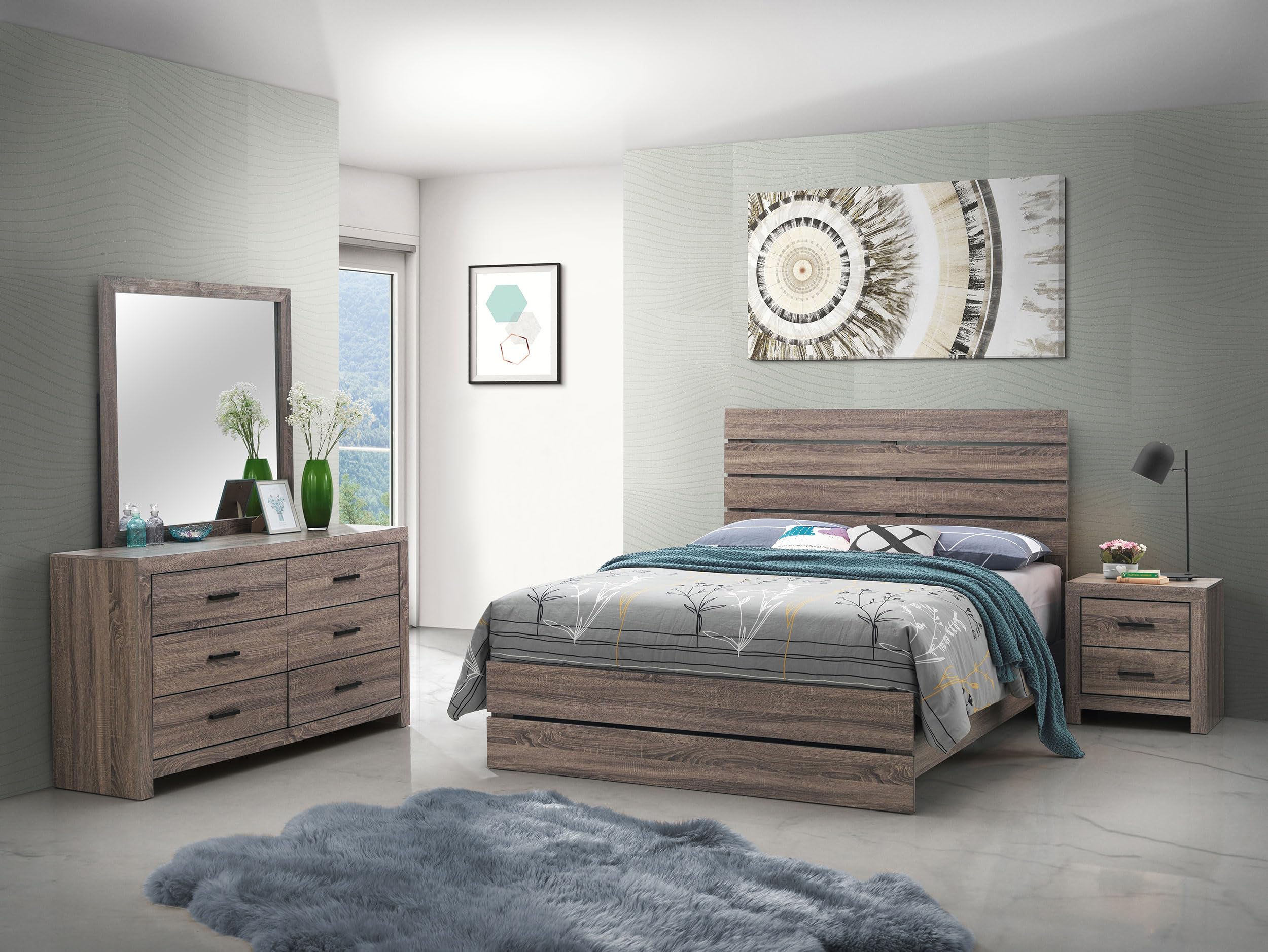 Coaster Home Furnishings Brantford Farmhouse 4-Piece Bedroom Set Queen Size Panel Bed Frame 52-inch Headboard Barrel Oak 207041Q-S4