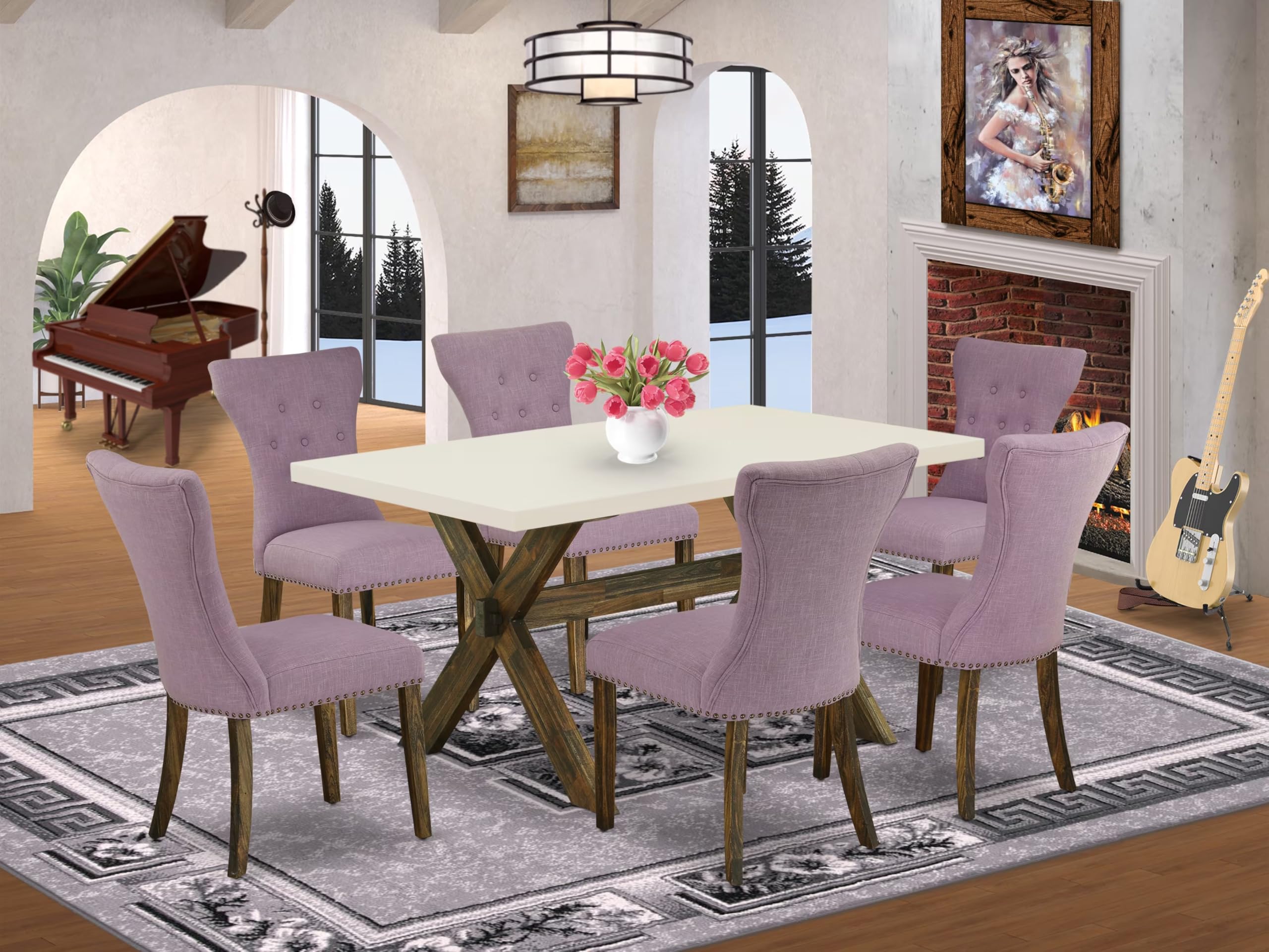 East West Furniture X726Ga740-7 7 Piece Dining Table Set Consist Of A Rectangle Dining Room Table With X-Legs And 6 Dahlia Linen Fabric Upholstered Chairs, 36X60 Inch, Multi-Color