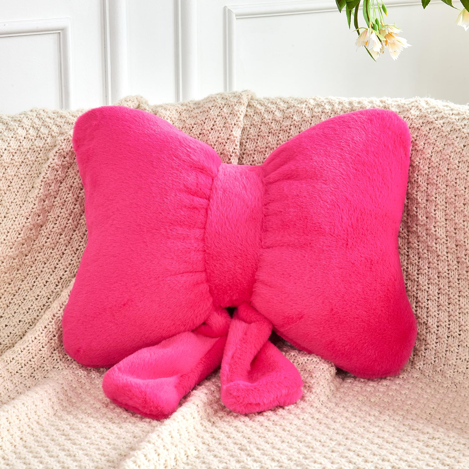 Xvtru Hot Pink Bow Pillow, Soft Bow Decorative Pillows With Faux Rabbit Fur, Cute 12' Bow Throw Pillows, Aesthetic Home Decor B
