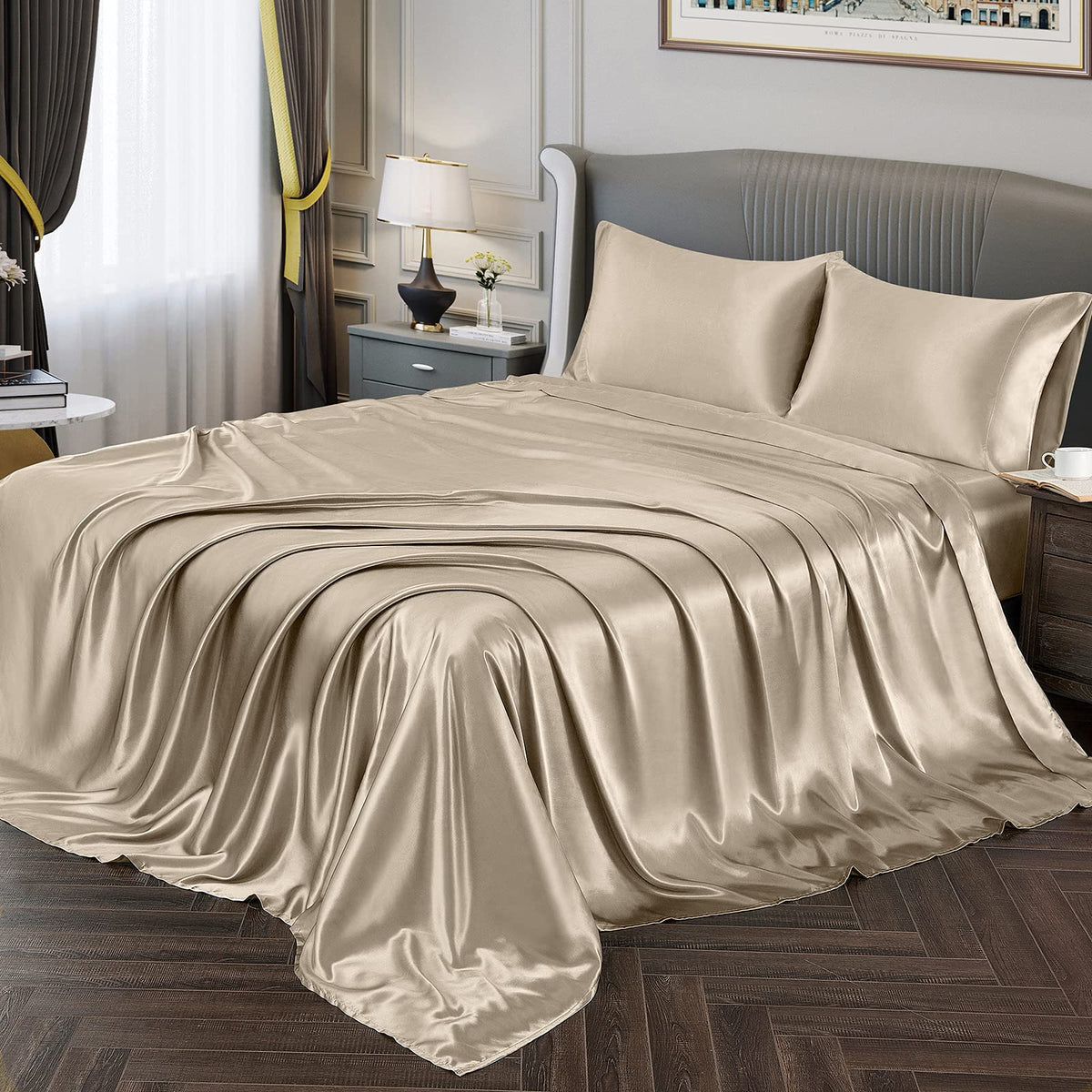 Vonty Satin Sheets King Size Silky Soft Satin Bed Sheets Taupe Satin Sheet Set, 1 Deep Pocket Fitted Sheet + 1 Flat Sheet + 2 Pi