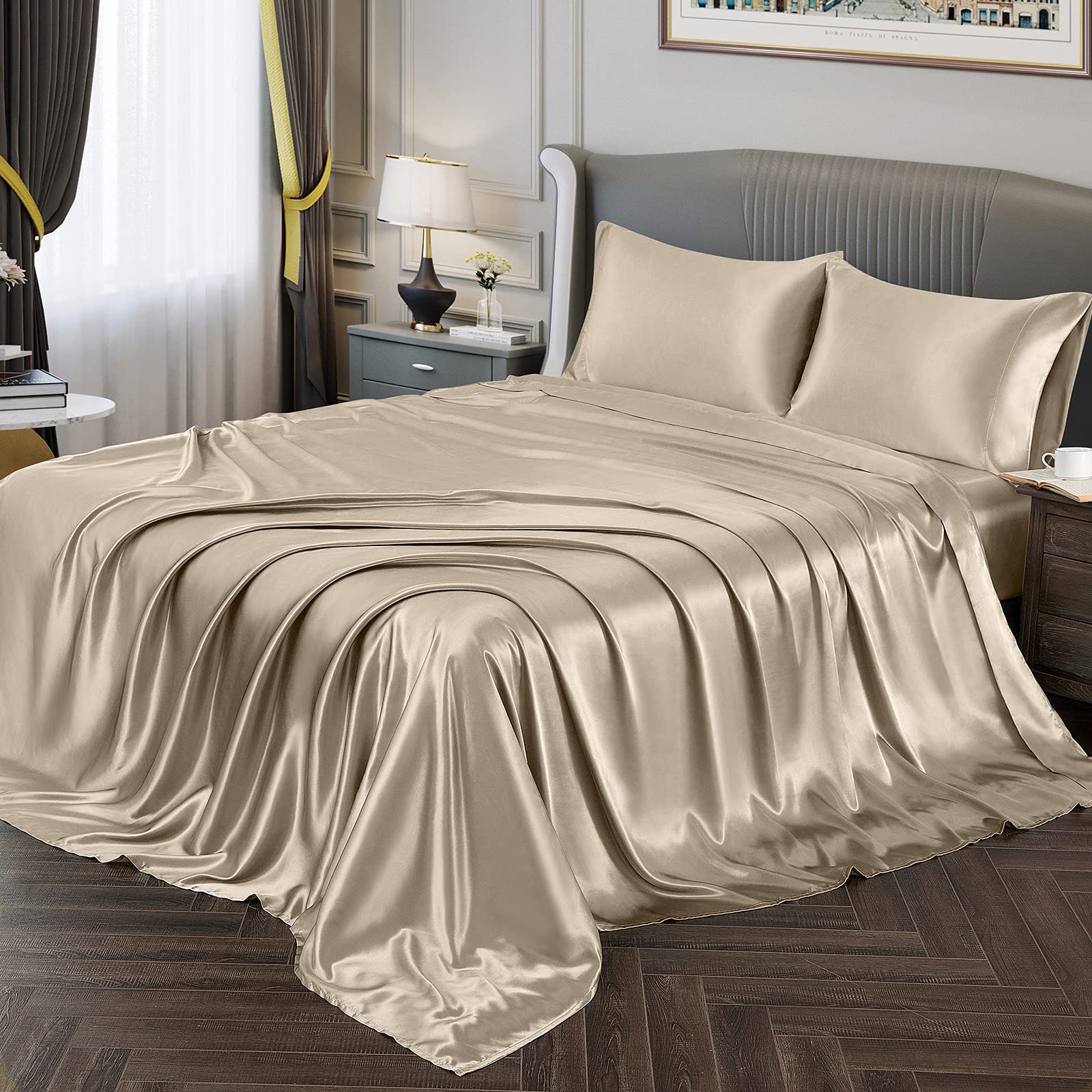 Vonty Satin Sheets Queen Size Silky Soft Satin Bed Sheets Taupe Satin Sheet Set, 1 Deep Pocket Fitted Sheet + 1 Flat Sheet + 2 P