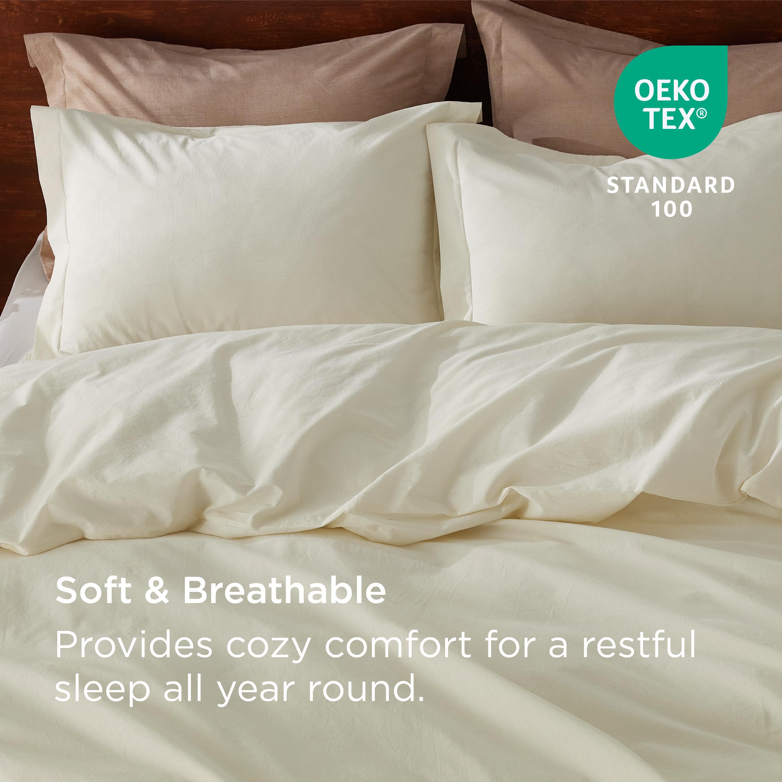 Bedsure 100% Washed Cotton Duvet Cover Queen - Cream Minimalist Duvet Cover Linen Like - 3 Pieces Gentlesoft™ Plain Simple Cotton Bedding Set With 2 Pillow Shams (Cream, Queen, 90'X90')