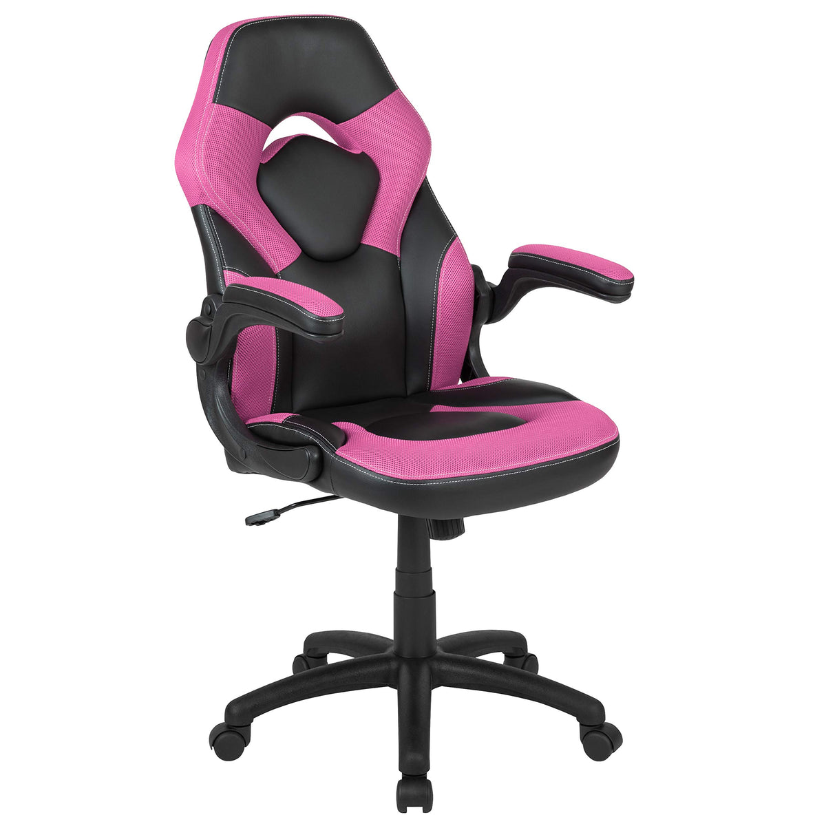 Flash Furniture X10 High-Back Leathersoft Racing Style Gaming Chair With Flip-Up Arms, Ergonomic Padded Swivel Computer Chair, Pink/Black