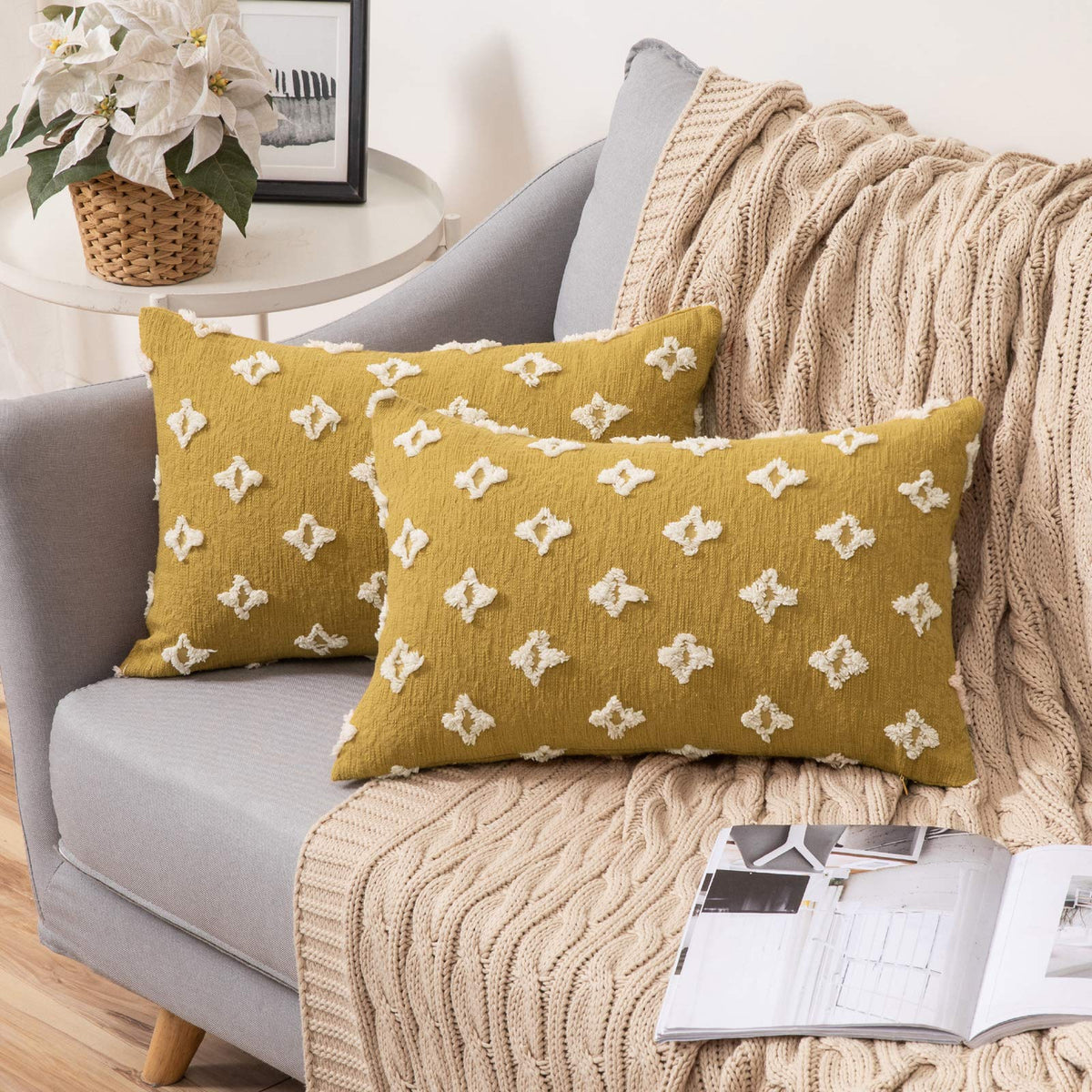 Miulee Set Of 2 Decorative Throw Pillow Covers Rhombic Jacquard Pillowcase Soft Rectangle Cushion Case For Summer Fall Couch Sof