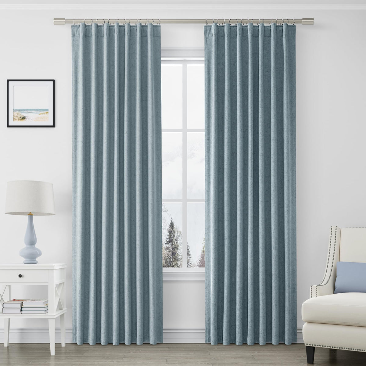 Joywell Linen 100% Blackout Curtains 120 Inches Length Long,Back Tab,Hook Belt,Thermal Insulated Pinch Pleated Window Drapes For Bedroom With Hooks High Ceiling To Floor(2 Panels,52 X 120,Blue)