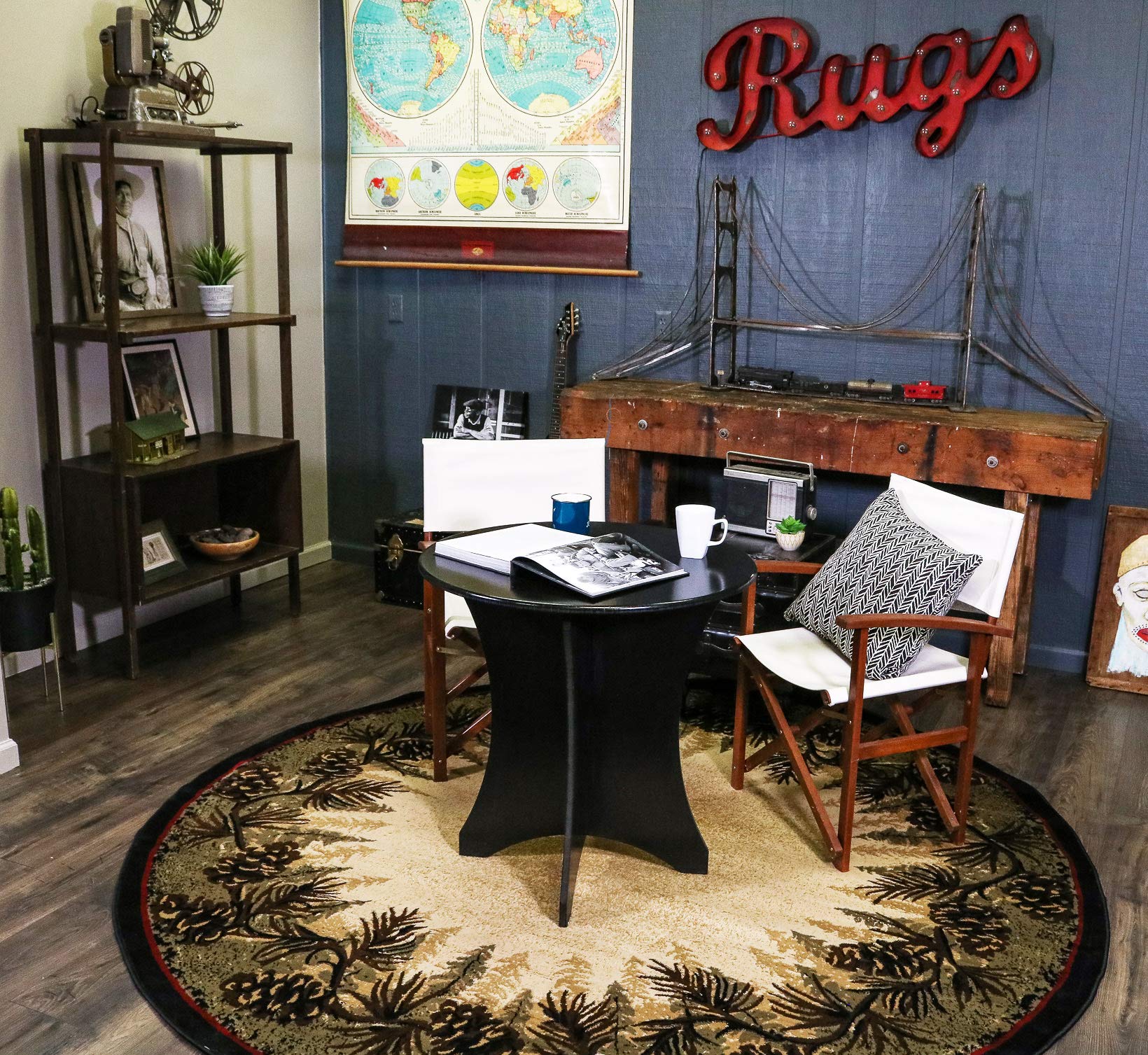 Rustic Lodge Pine Cone Border Brown 8ft Round Area Rug, 710x710