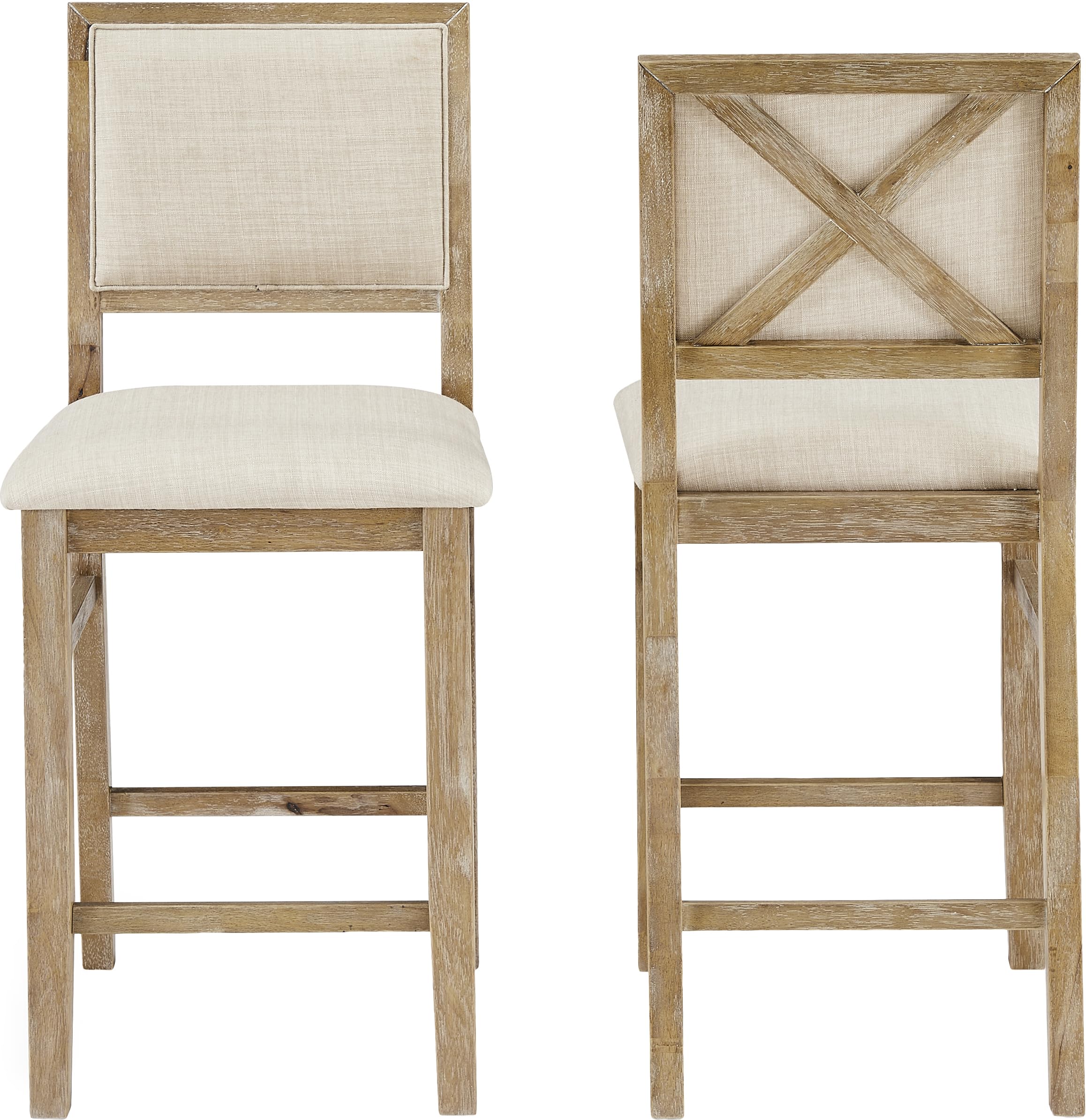 Crosley Furniture Joanna Farmhouse Upholstered Wood Counter Height Bar Stools Set of 2 for Kitchen Island, Rustic Brown/Creme