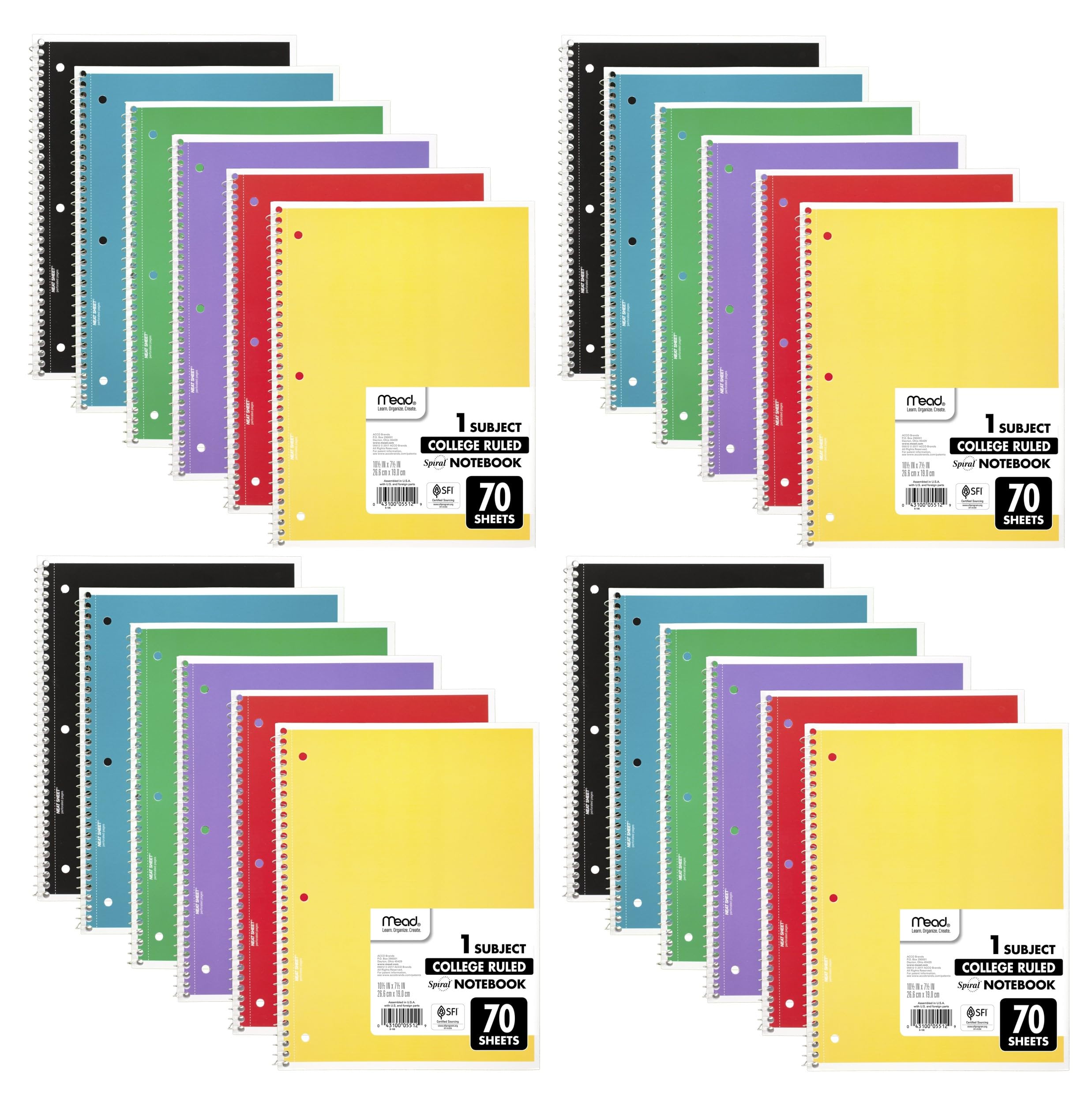 Mead Spiral Notebooks, 24 Pack, 1 Subject, College Ruled Paper, 7-1/2' X 10-1/2', 70 Sheets Per Notebook, Color Will Vary (730