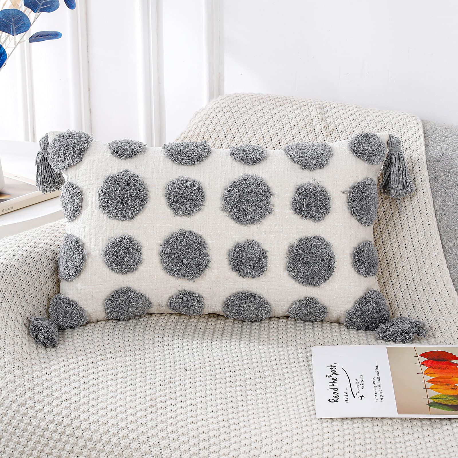 Panod Super Soft Farmhouse Decorative Plush Throw Pillow Covers 12 X 20 Grey,Solid Pom Pom Tufted With Tassels Modern Accent Boh