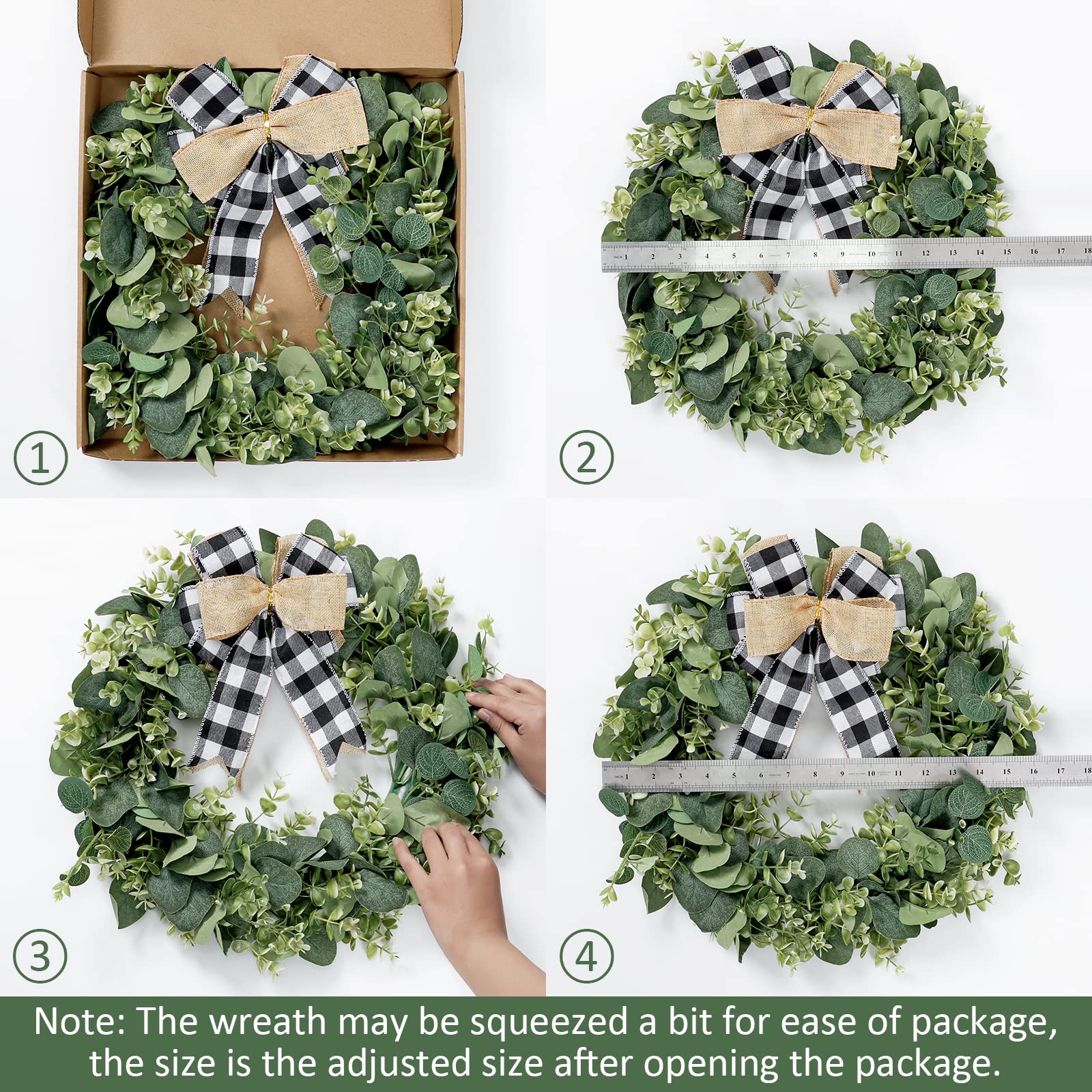 Dremisland Buffalo Plaid Wreath-16 Inch Artificial Eucalyptus Wreath With Plaid Bow | Spring Summer Fall Wreath For Front Door F