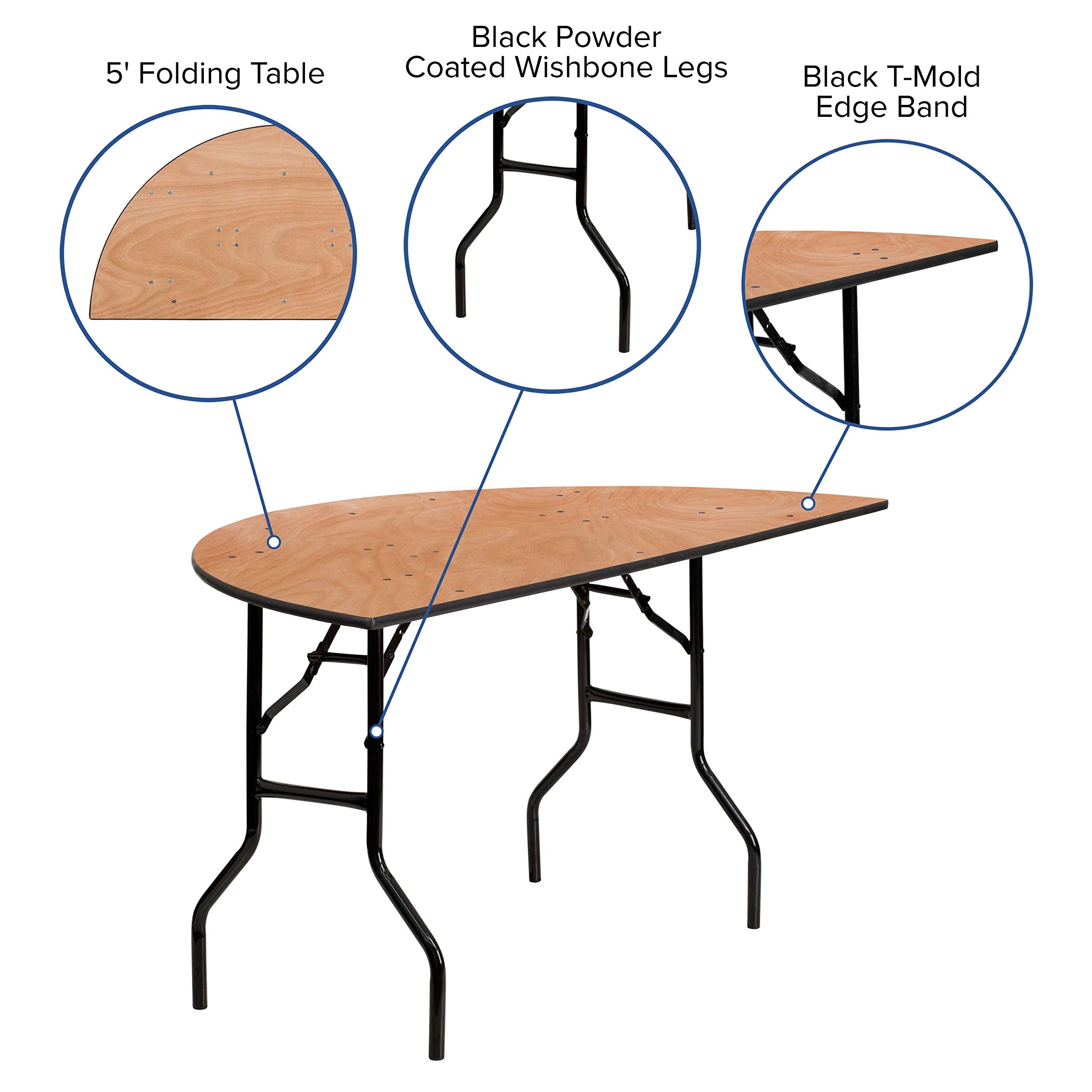 Flash Furniture Furman 5' Half-Round All-Occasion Wood Folding Event Table, Foldable Portable Half-Round Banquet Table with Wooden Top, Natural/Black