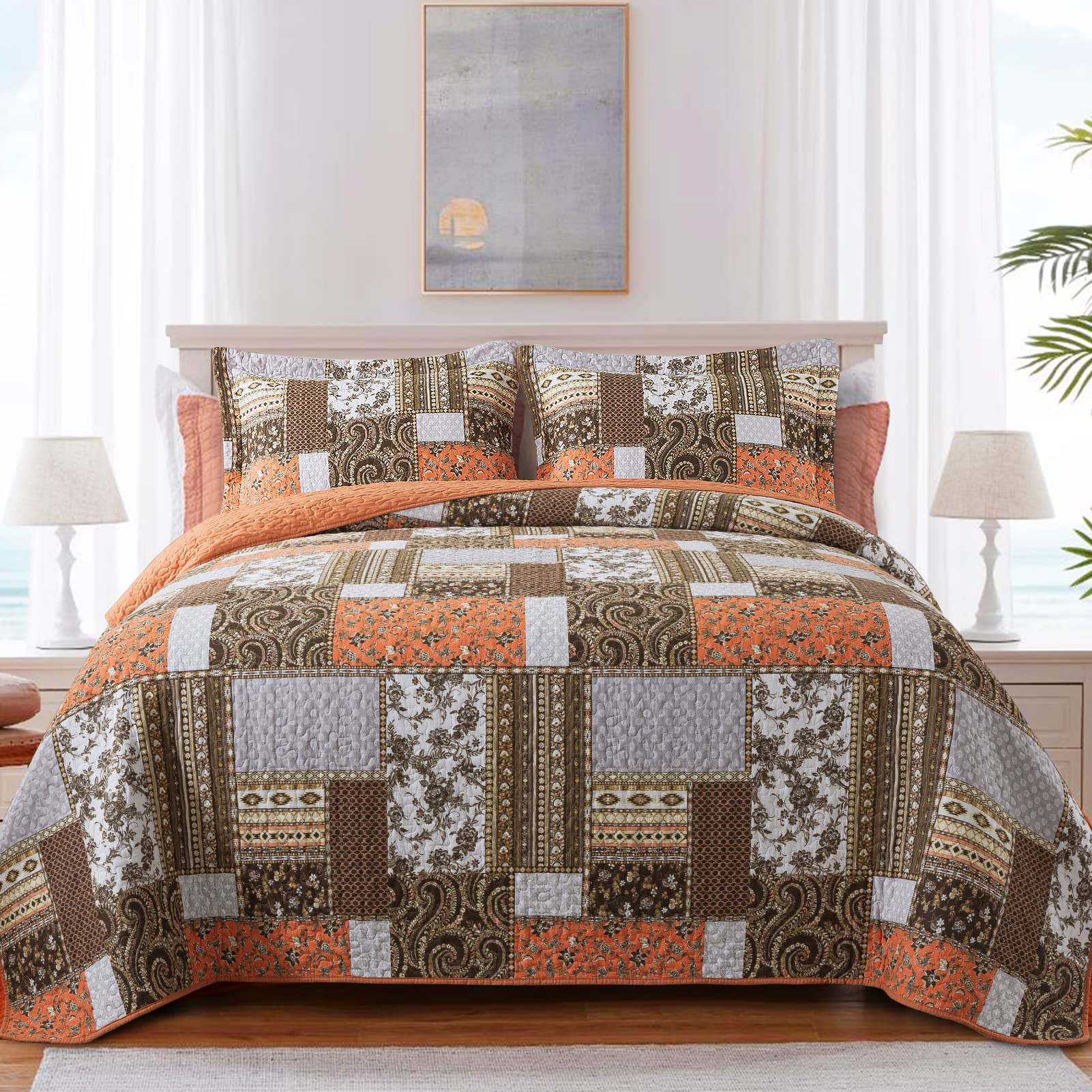 Bedifany Farmhouse Cotton Quilts Queen Size - Reversible Patchwork Full Bedspread Set For Summer - Highly-Woven Soft Lightweight