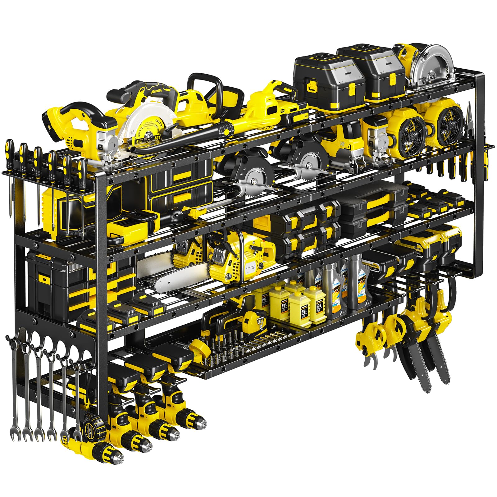 POKIPO Extra Large 64 W Power Tool Organizer Wall Mount, Load 1000 lbs, Heavy Duty 4 Tier Garage Storage Rack with 8 Drill Holde