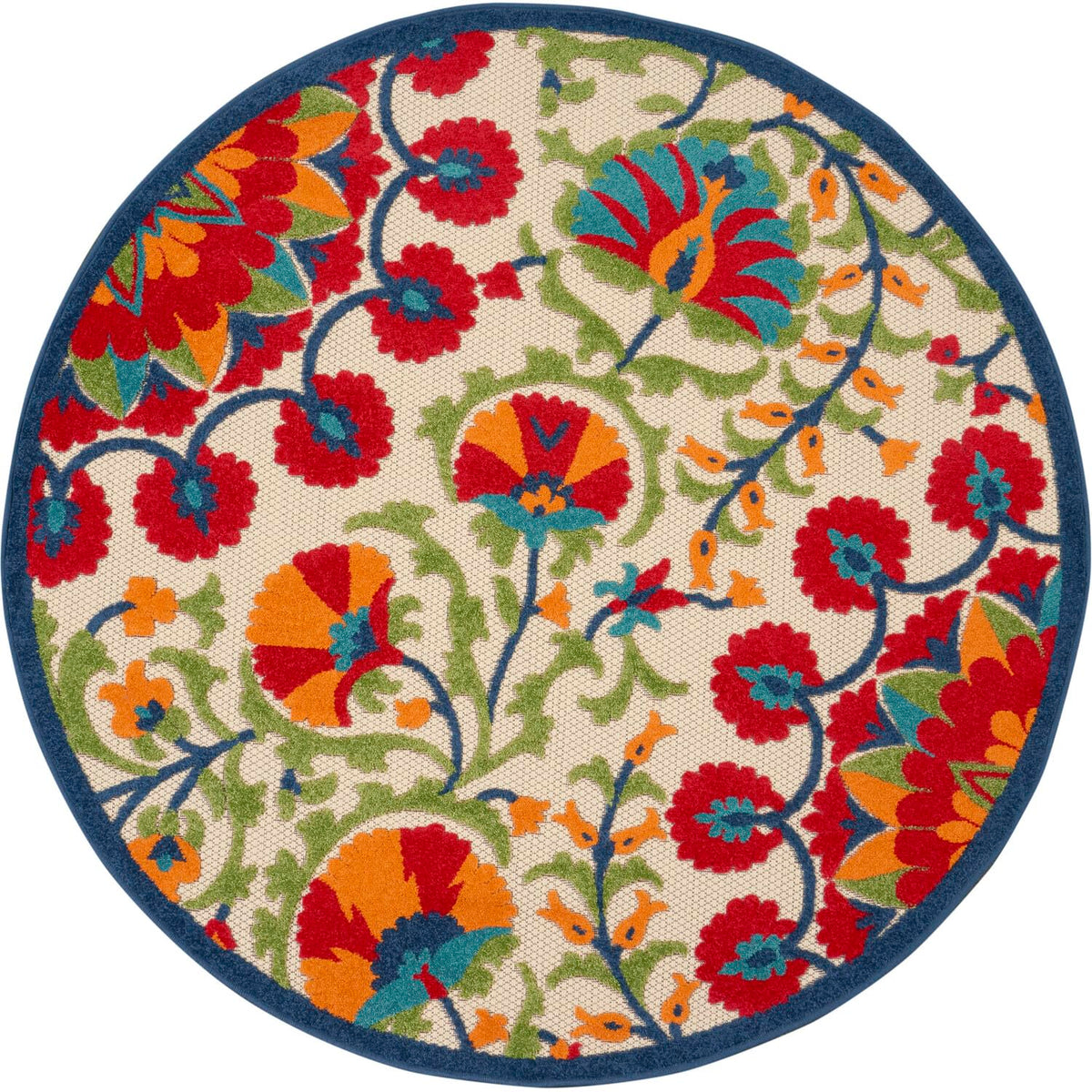 Nourison Aloha Indoor/Outdoor Red/Multi 4' X Round Area Rug, Easy Cleaning, Non Shedding, Bed Room, Living Room, Dining Room, De