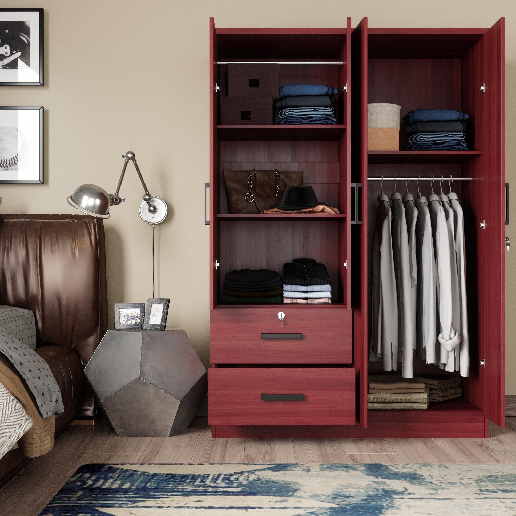 Woodpeckers Furniture And Mattress 4 Doors Wardrobe 2 Drawers with Shelves 48 inch Wide and 72 high (Mahogany), 448CLOSET