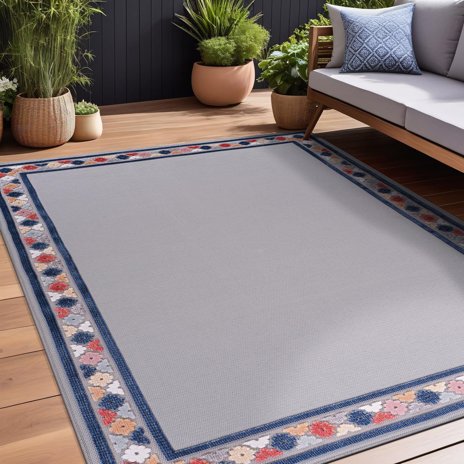 Beverly Rug Outdoor Rug 8X10 Bordered Modern Floral Area Rugs For Indoor And Outdoor Patio Easy To Clean Non Shedding Living Roo