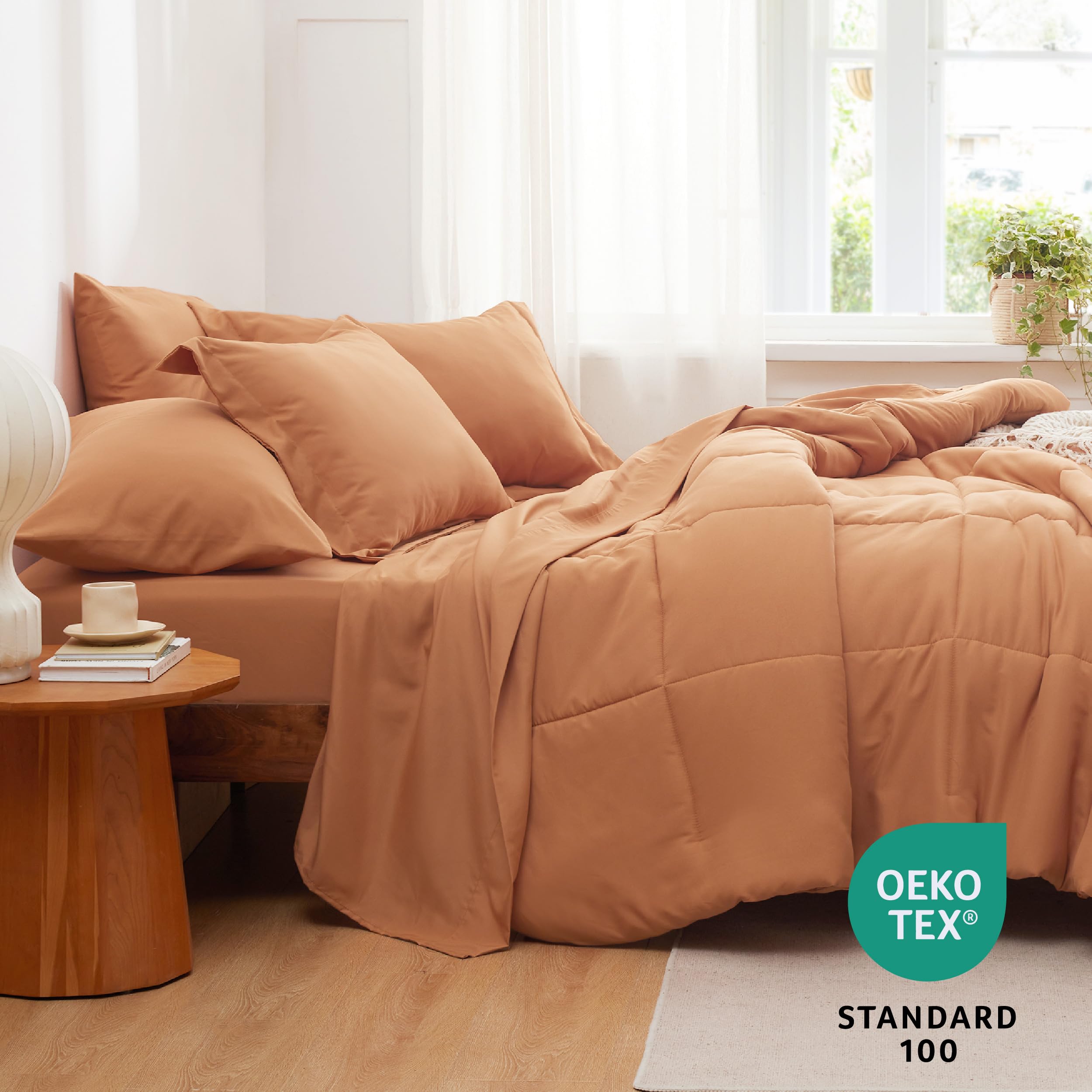 Bedsure Burnt Orange Comforter Set Queen - 7 Pieces Solid Bed In A Bag, Queen Bed Set With Comforter, Sheets, Pillowcases & Shams