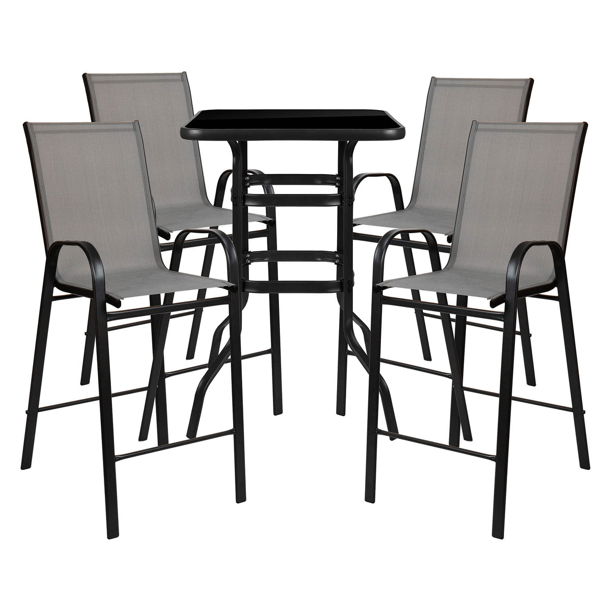 Flash Furniture Brazos Bar Table Set - 5 Piece Glass Brazos Bar Table with 4 Gray Patio Bar Stools - Brazos Outdoor Chairs