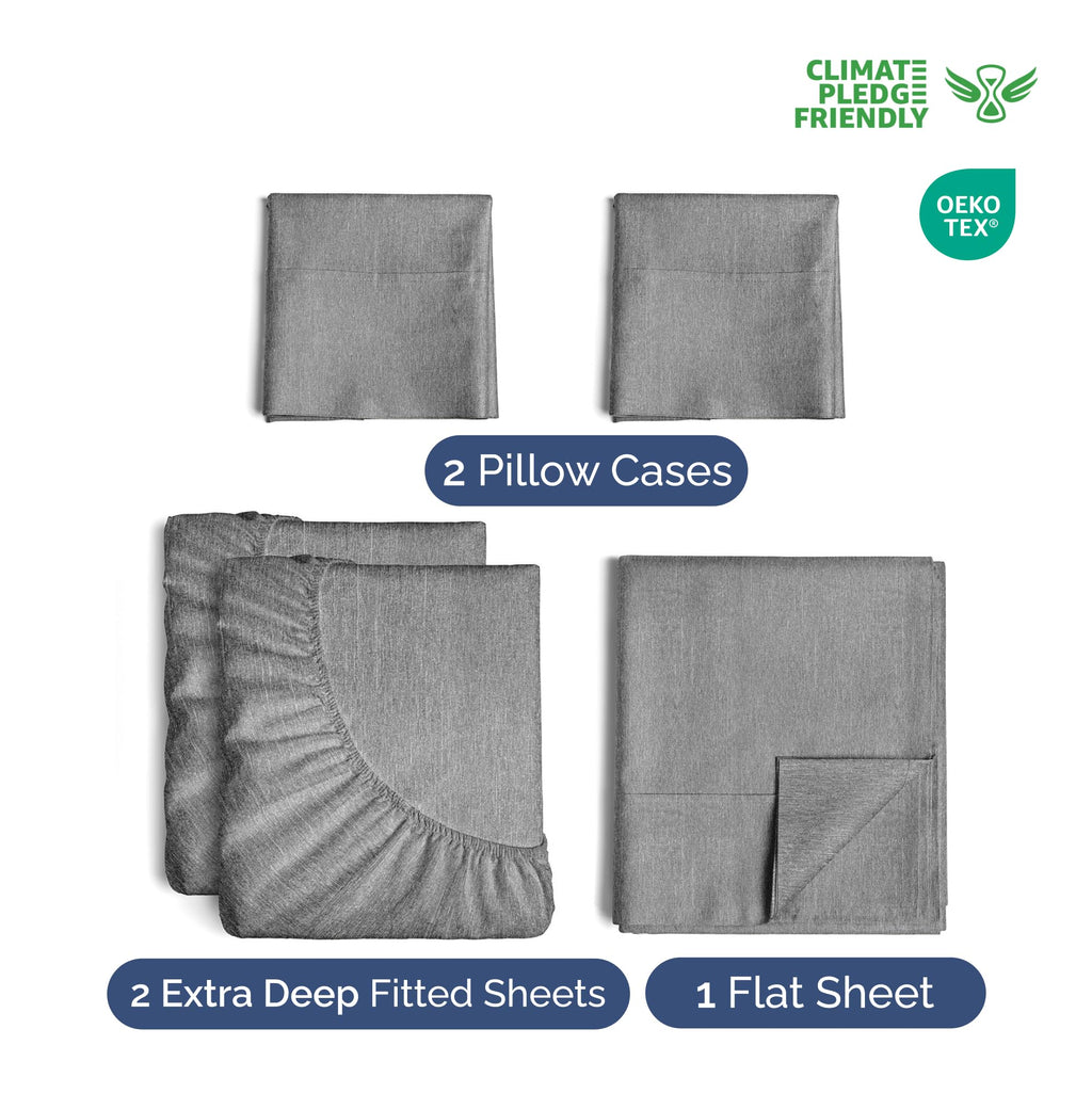 Extra Deep Pocket Split King Sheets - 5 Piece Breathable & Cooling Bed Sheets - Hotel Luxury Bed Sheet Set - Soft, Wrinkle Free & Comfy - Easily Fits Extra Deep Mattresses - Heathered Grey Sheets Set
