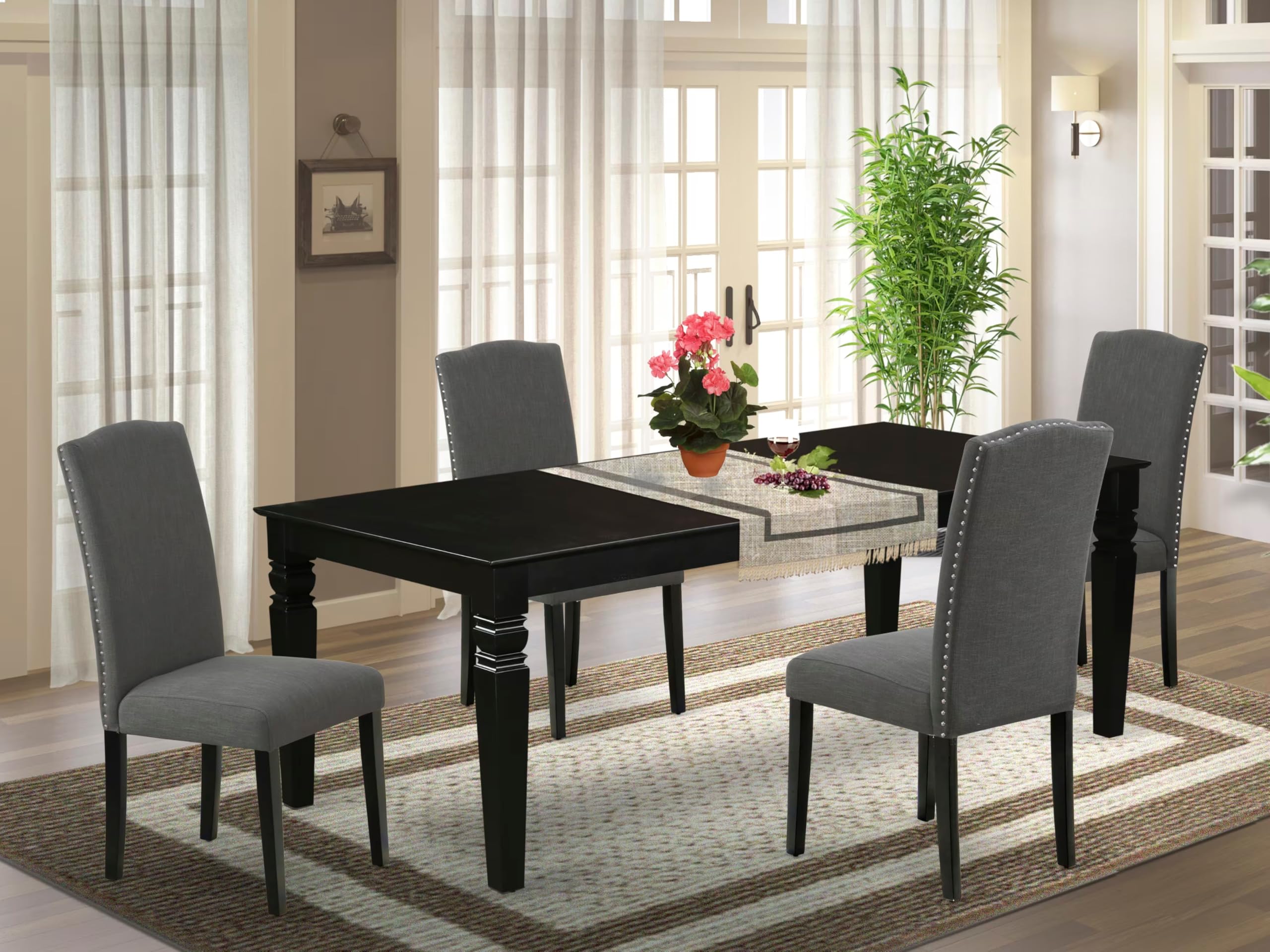 East West Furniture Lgen5-Blk-20 5 Piece Dinette Set Includes A Rectangle Dining Room Table With Butterfly Leaf And 4 Dark Gotham Linen Fabric Upholstered Chairs, 42X84 Inch, Black