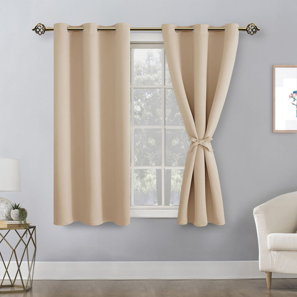 Hiasan Blackout Curtains For Bedroom - Thermal Insulated & Energy Saving Window Curtains For Living Room, 2 Drape Panels Sewn With Tiebacks, Beige, 42 X 54 Inch
