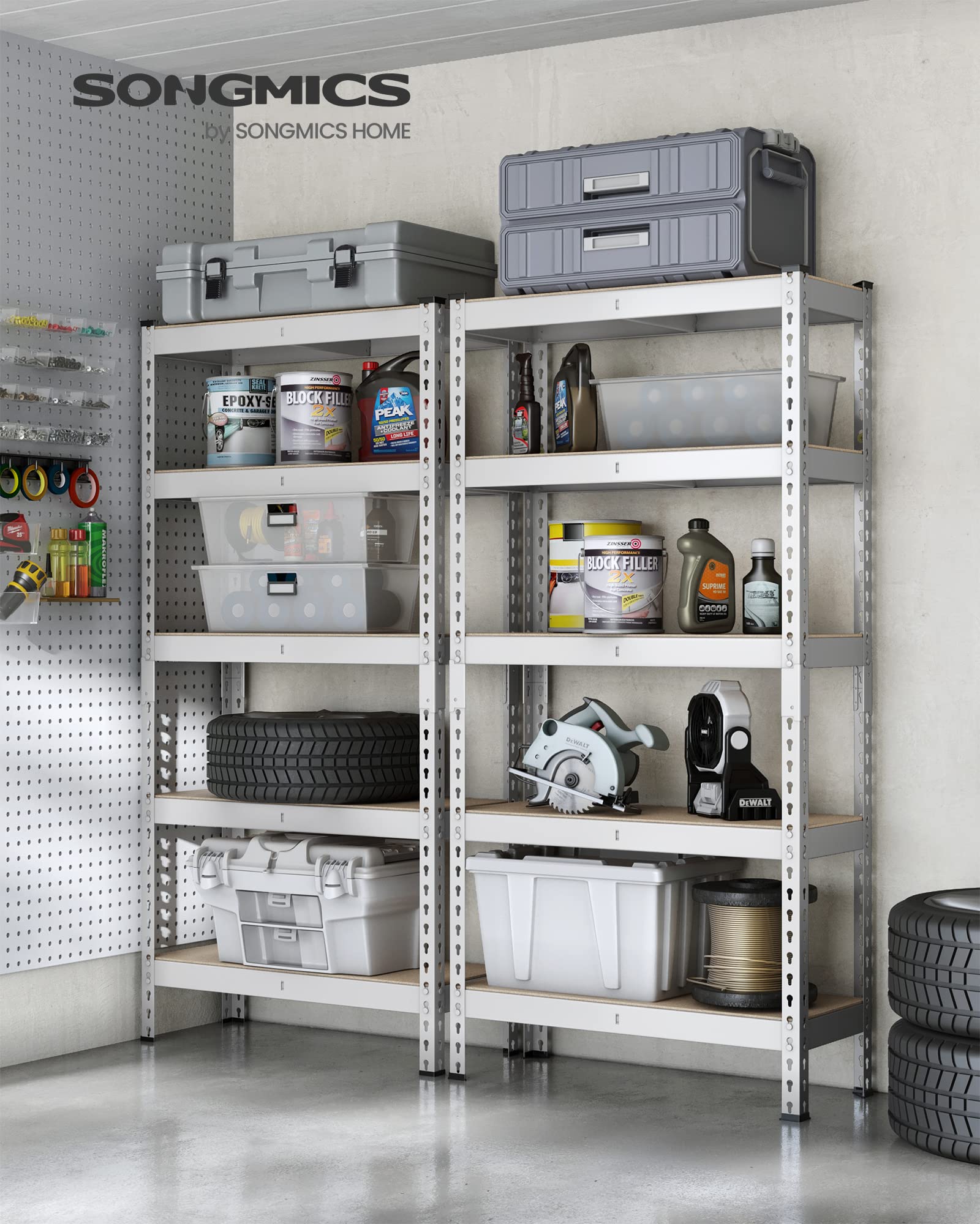 Songmics 5-Tier Storage Shelves, Set Of 2 Garage Storage, Boltless Assembly, Adjustable Shelving Units, 11.8 X 29.5 X 59.1 Inches, Load 1929 Lb Each, Shed Warehouse Basement, Silver Uglr300E02