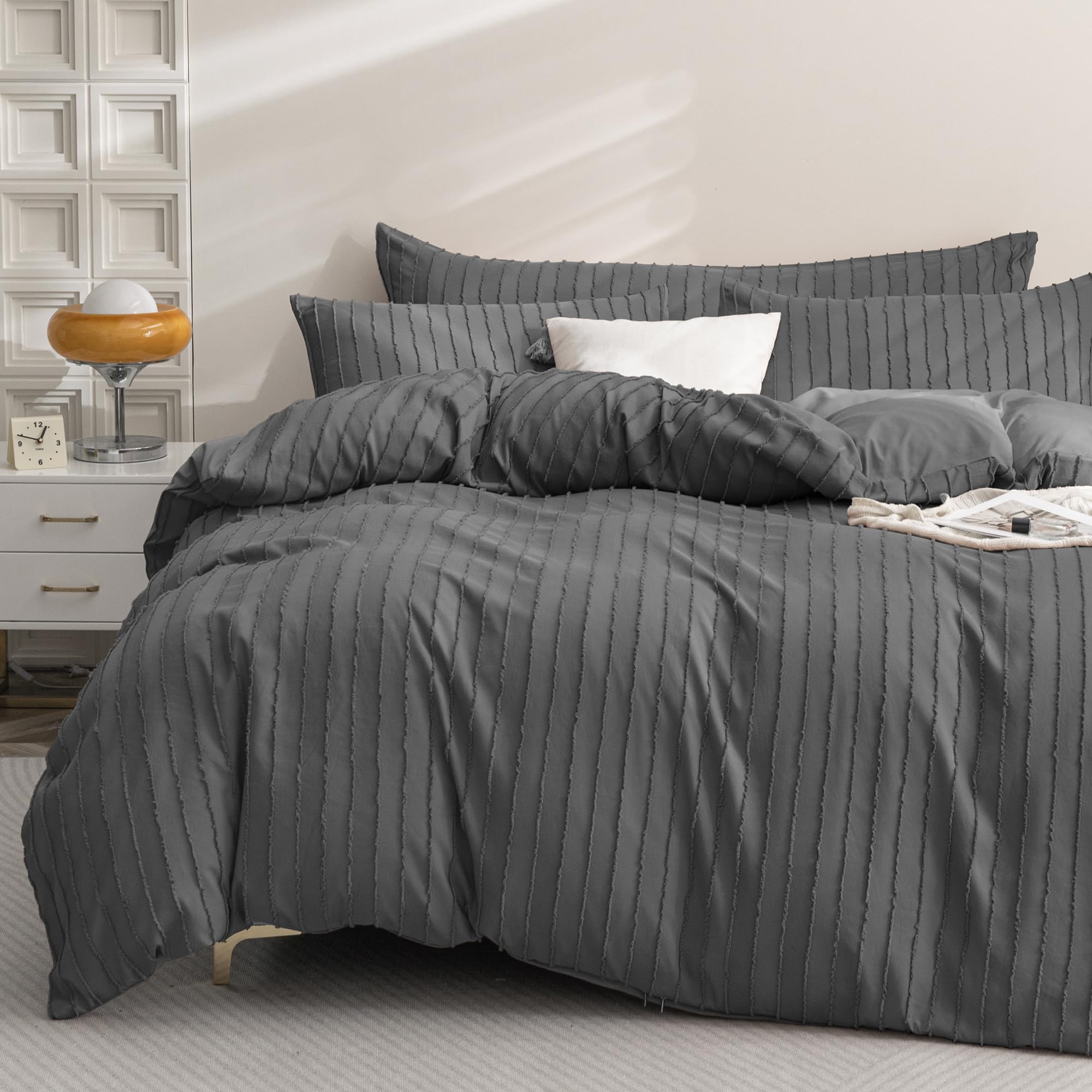 Jellymoni Dark Gray Duvet Cover Full Size - 3Pcs Microfiber Tufted Duvet Cover Set, Boho Striped Tufted Textured Duvet Cover Wit