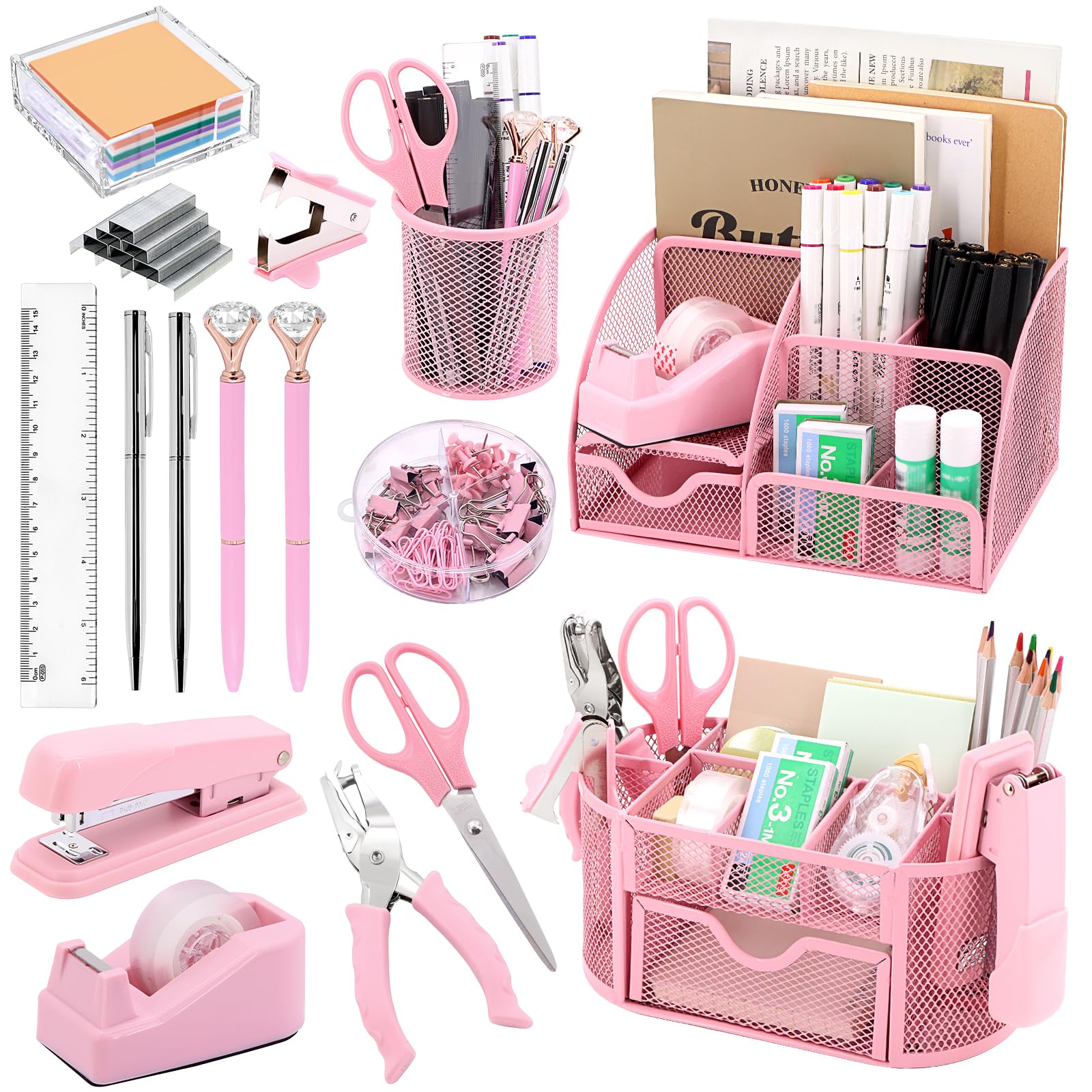 17 In 1 Pink Desk Organizers And Accessories Set, 3 Office Desk Supplies Storage Organization, 4 Pens, Stapler, Staples & Remove