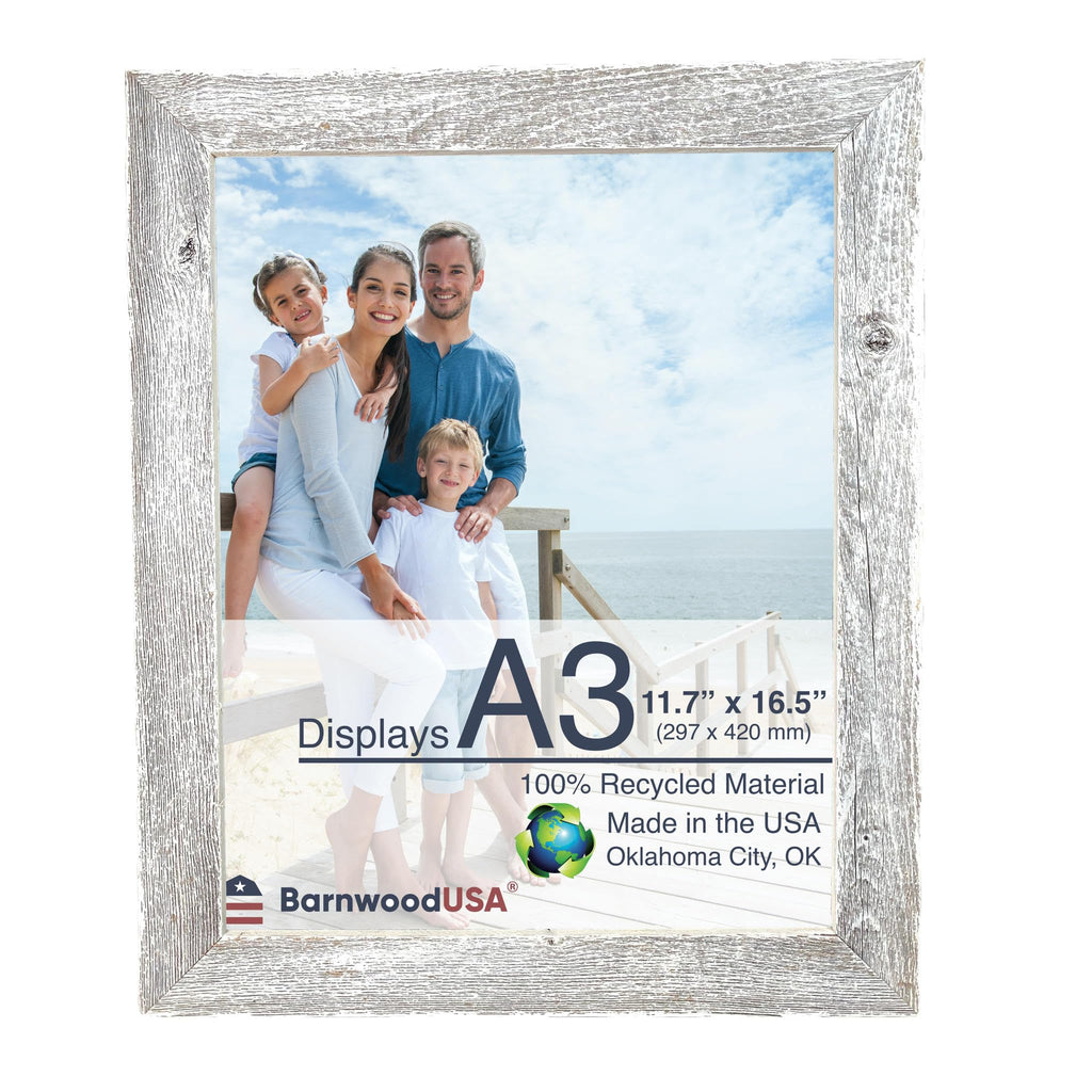 BARNWOODUSA | Farmhouse A3 Picture Frame | 1 1/2 inch Molding | 100% Reclaimed Wood | Rustic | White Wash