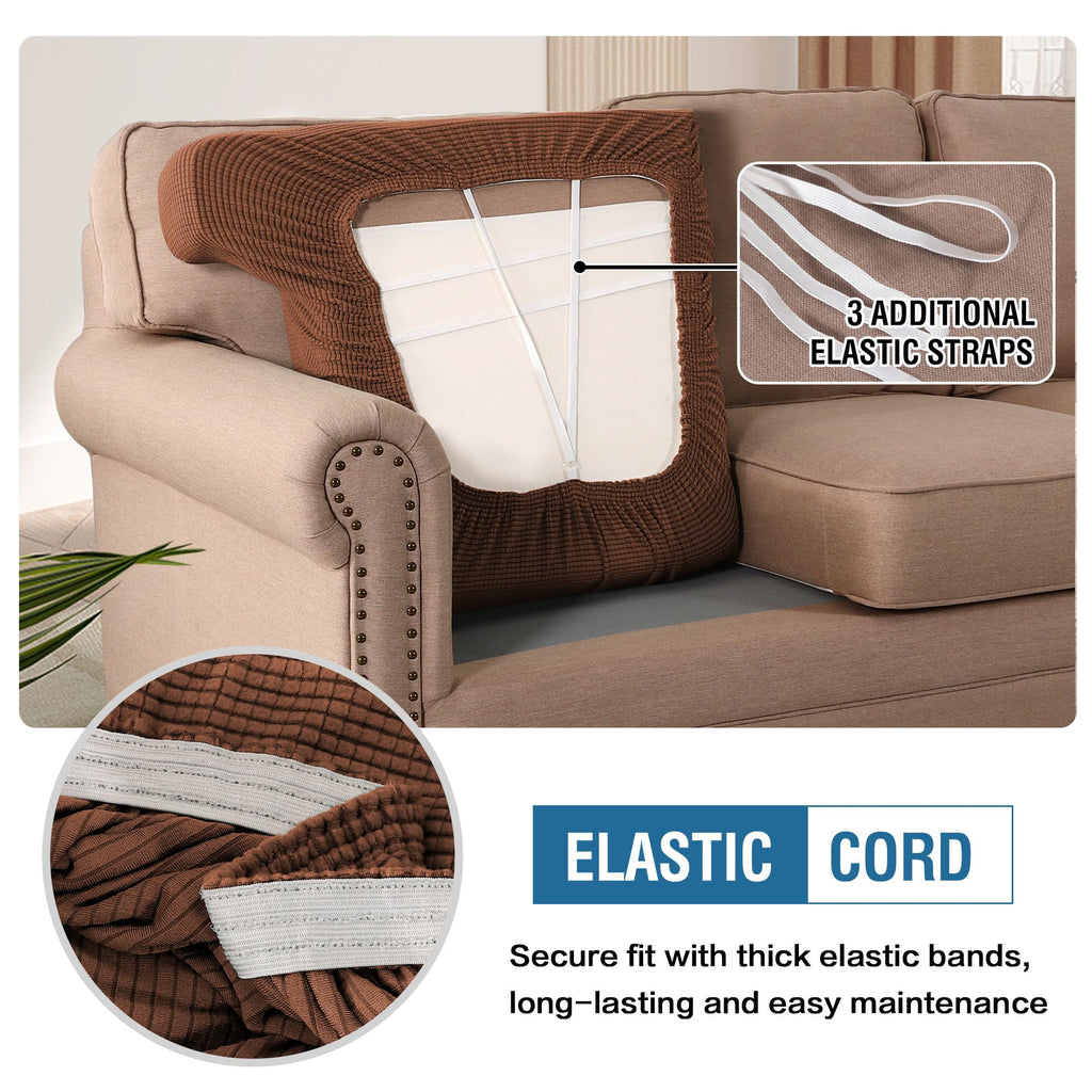 H.Versailtex Stretch 3 Piece T Cushion Sofa Slipcovers Individually Sofa Cushion Covers For 3 Cushion Couch Sofa Seat Cushion Covers With Elastic Bands Featuring Thicker Jacquard Fabric, Caramel