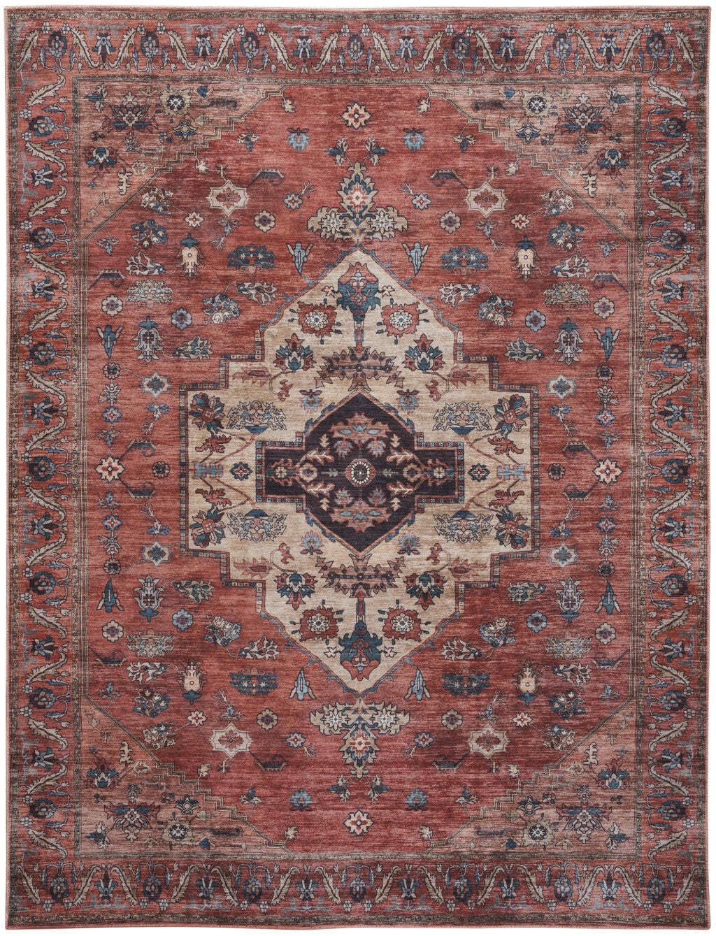 HomeRoots 533322 8 x 10 ft. Blue & Red Oriental Traditional Power Loomed Distressed Washable Non Skid Rectangle Area Rug