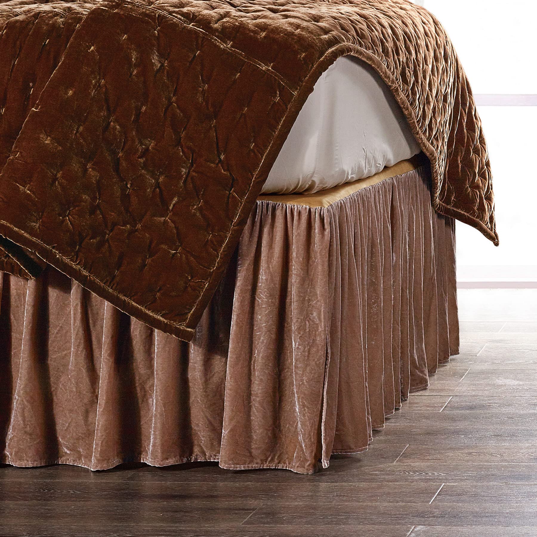 Hiend Accents Stella Faux Silk Velvet Bed Skirt, Dusty Rose, Super Queen Size, Romantic Modern Western Traditional Style Bedding