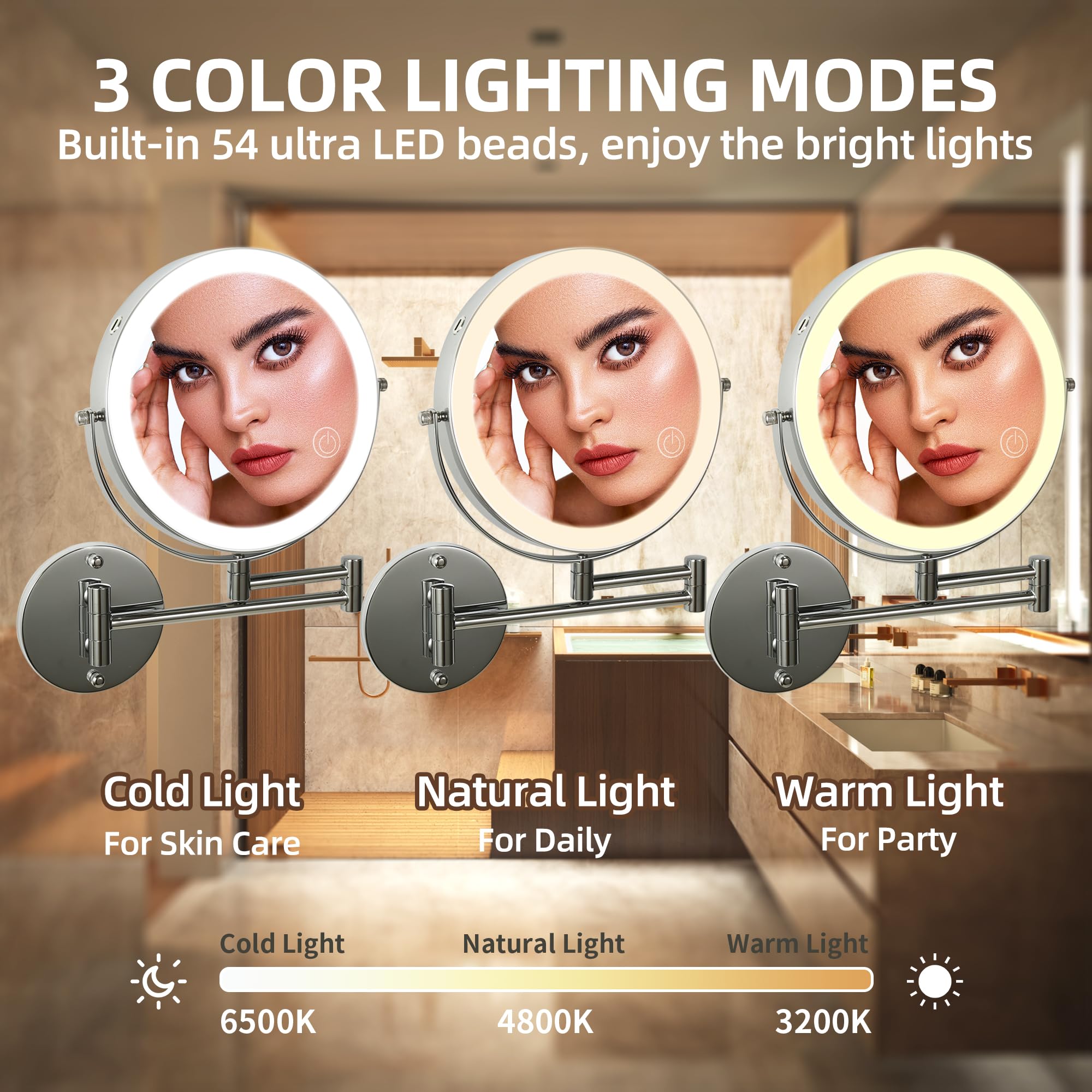 Slimoon 8' Wall Mounted Lighted Makeup Mirror With Magnification, 1X/10X Magnifying Mirror With Light, 3 Color Lights, Extendab