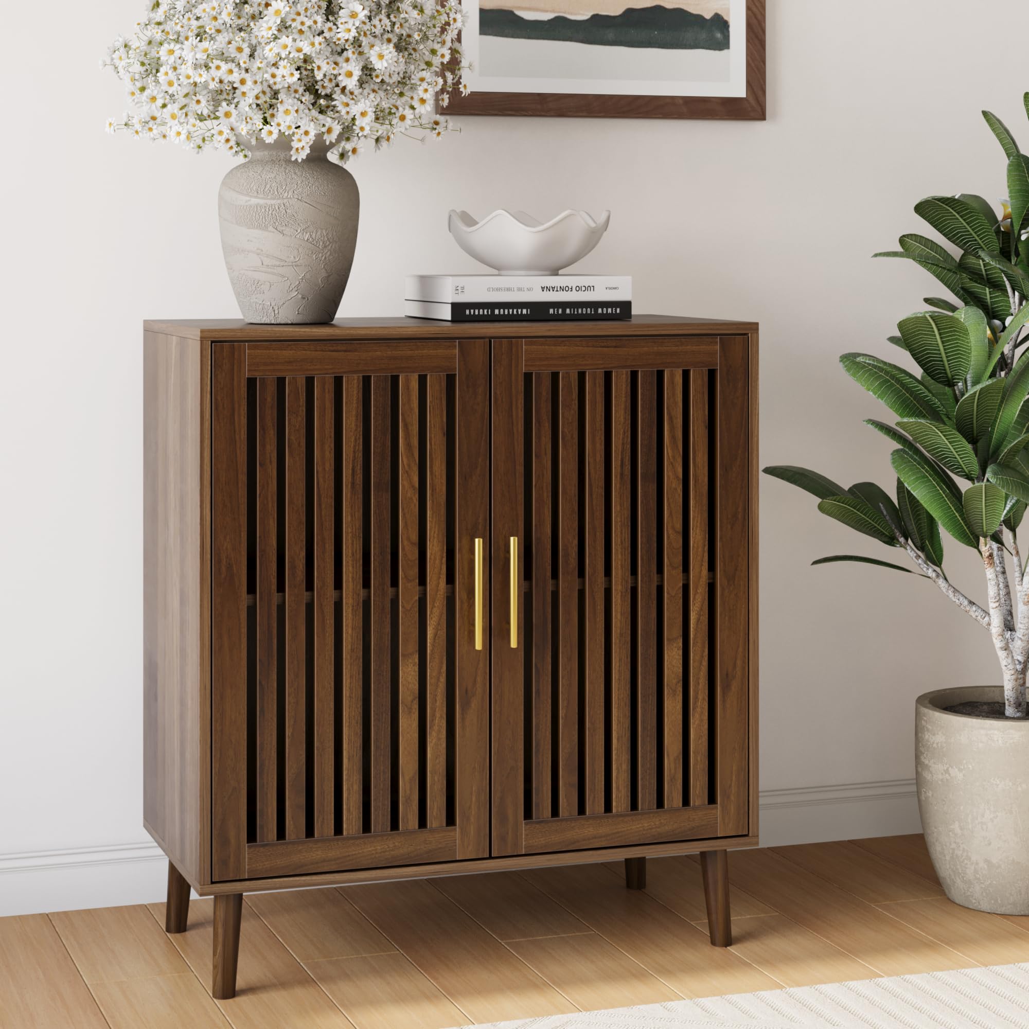 Smart FENDEE Sideboard Cabinet, 31.5  W Farmhouse Buffet Cabinet with Louvered Doors & Adjustable Shelf, Wood Coffee Bar Storage