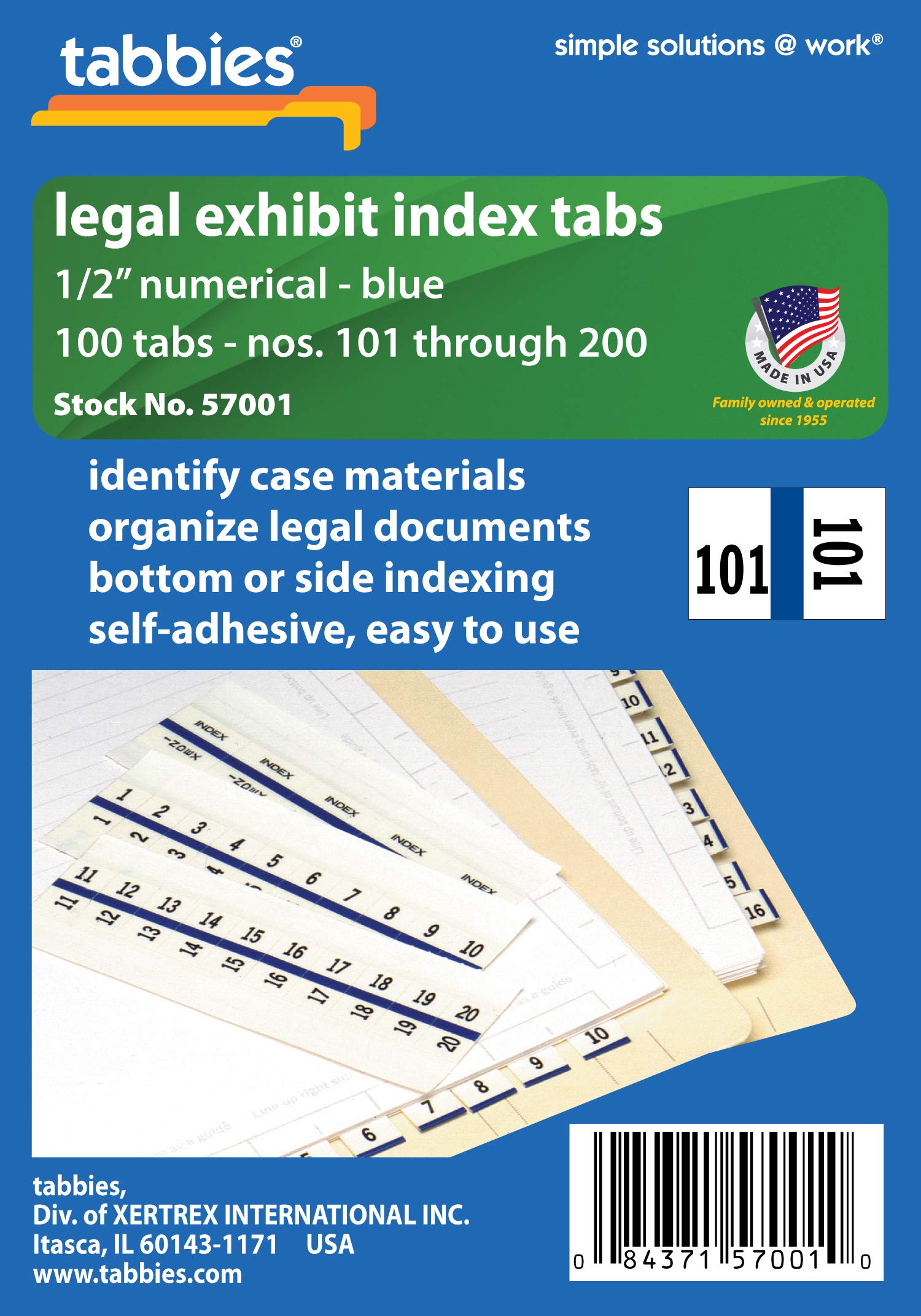 Tabbies Legal Numerical Exhibit Index Tabs, Blue Color Edge, 1/2' Tabs, 100 Tabs/Pack (57000), #101-200