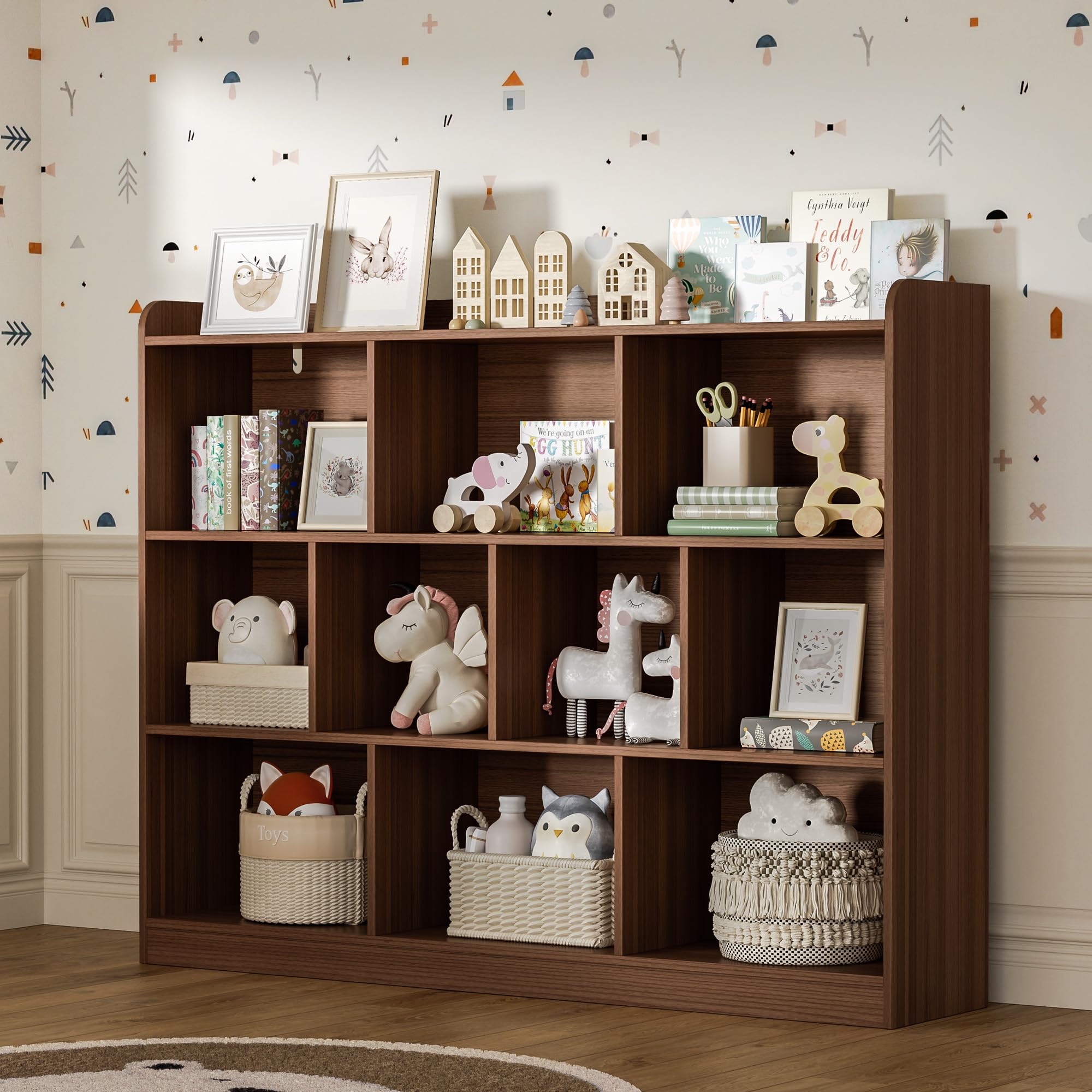 DIYART Brown Bookshelf, Wood Bookcase with 3 Tier Open Shelves, 10-Cube Minimalist Storage Shelf for Living Room, Bedroom, 43.3 