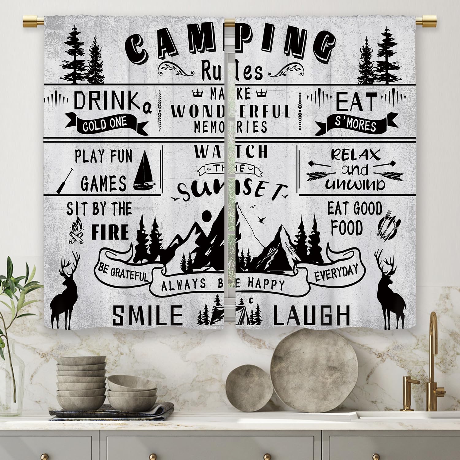Laifzere Farmhouse Camping Rules Kitchen Curtains Rustic Black White Small Short Cafe Window Curtains Vintage Farm Country Retro