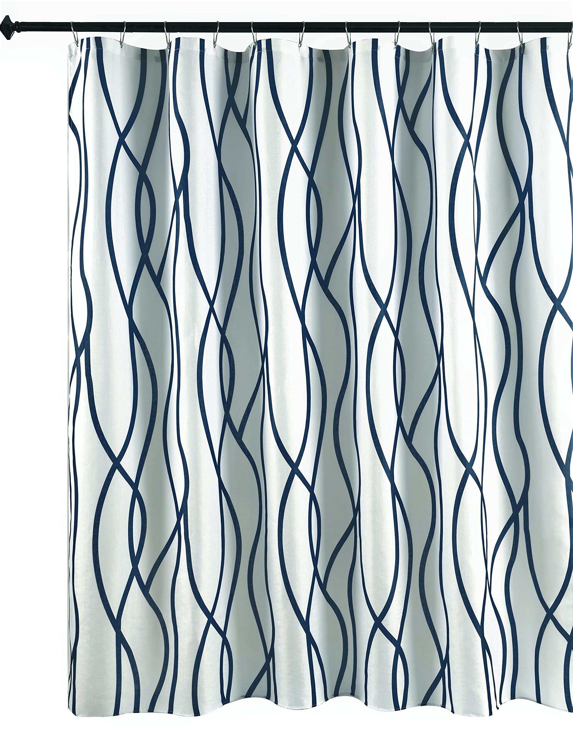 Biscaynebay Extra Long Textured Fabric Shower Curtain 72 W X 84 L, Navy Striped Printed Linen Modern Hotel Luxury Quality Cloth