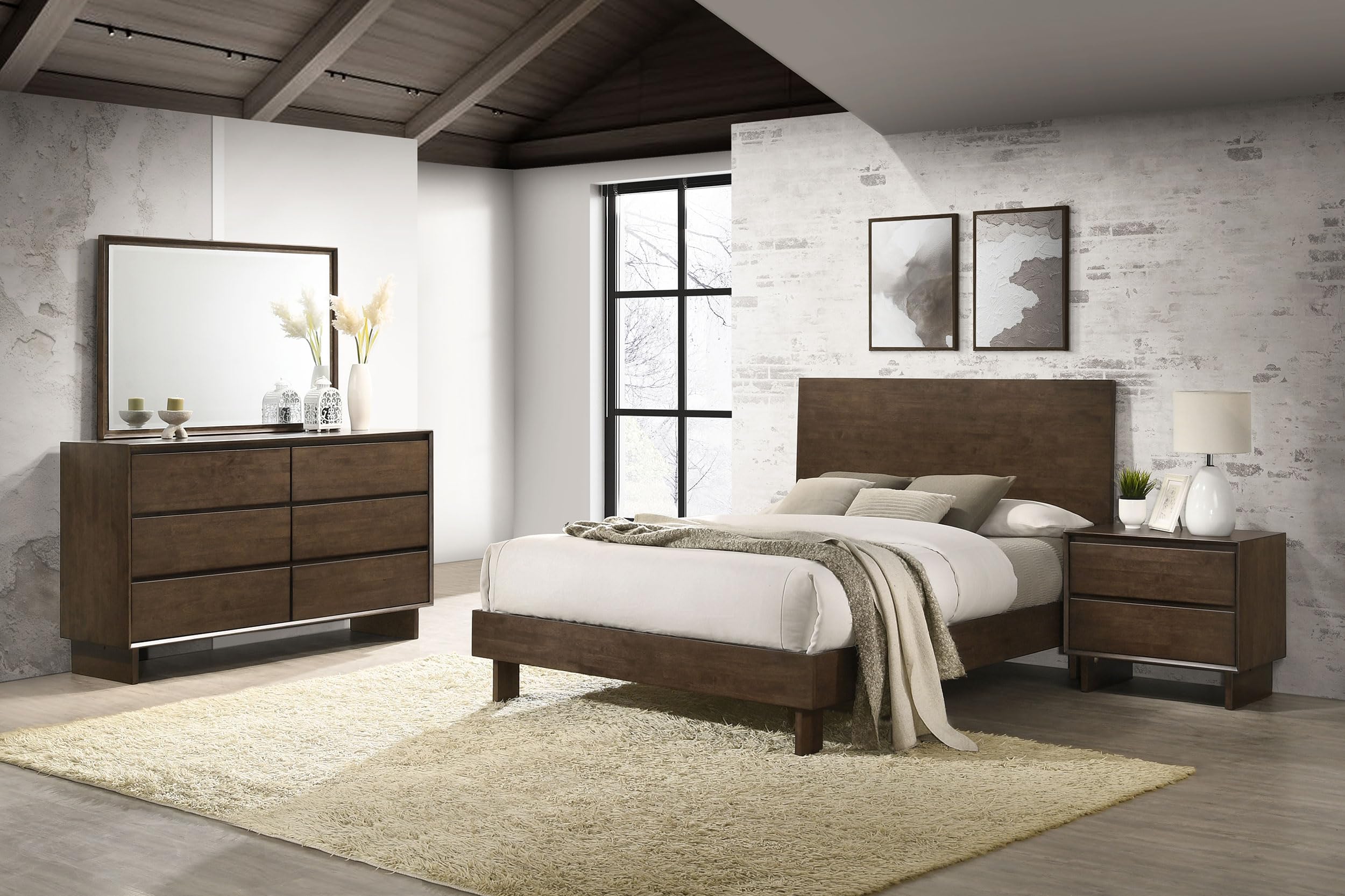 Coaster Home Furnishings Glenwood Transitional 4-Piece Bedroom Set Queen Size Panel Bed Frame 48-inch Headboard Warm Brown 225011Q-S4