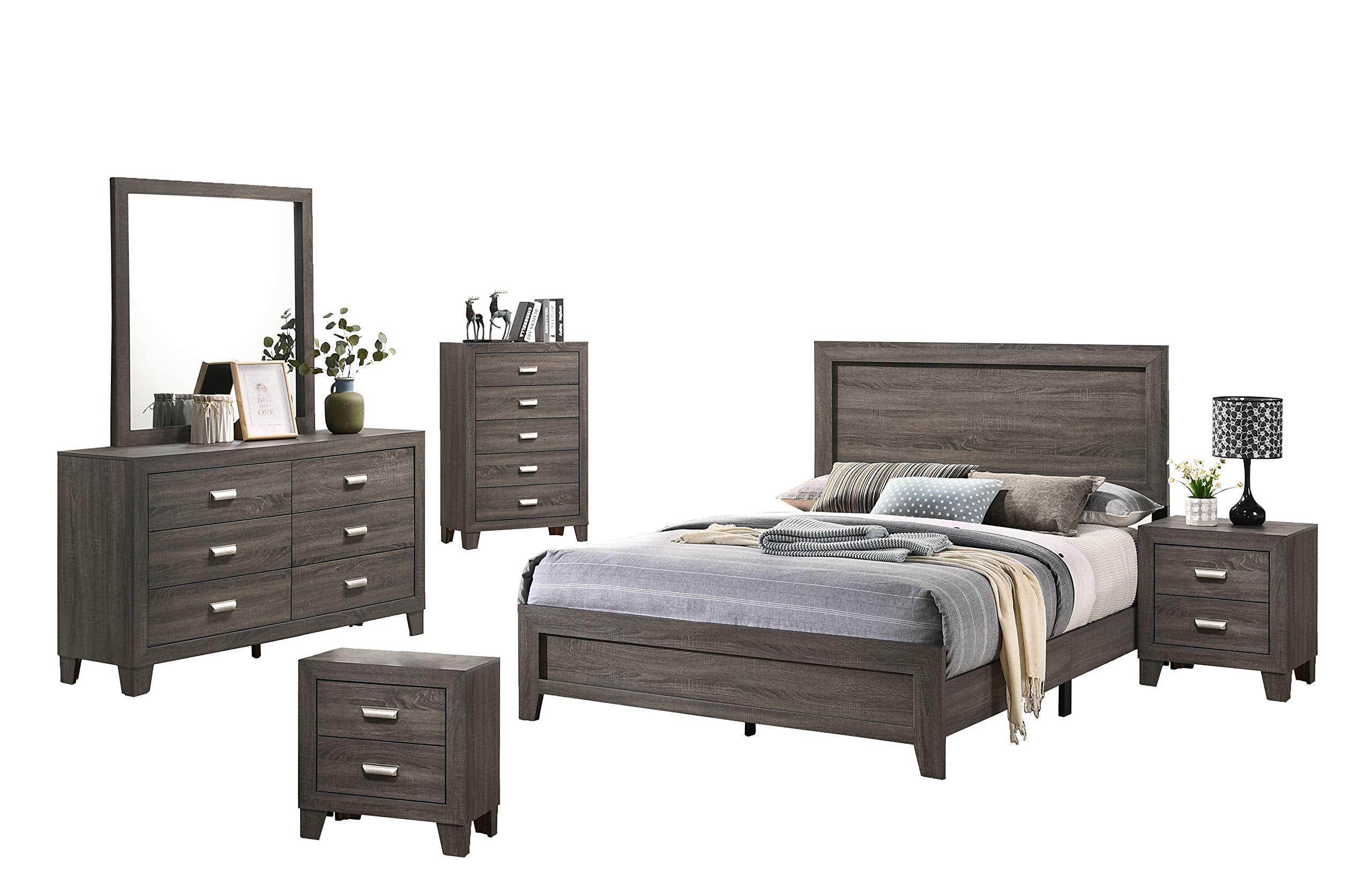 Best Quality Furniture 6Pc Twin Bed + Dresser + Mirror + 2 Nightstands + Chest, Gray