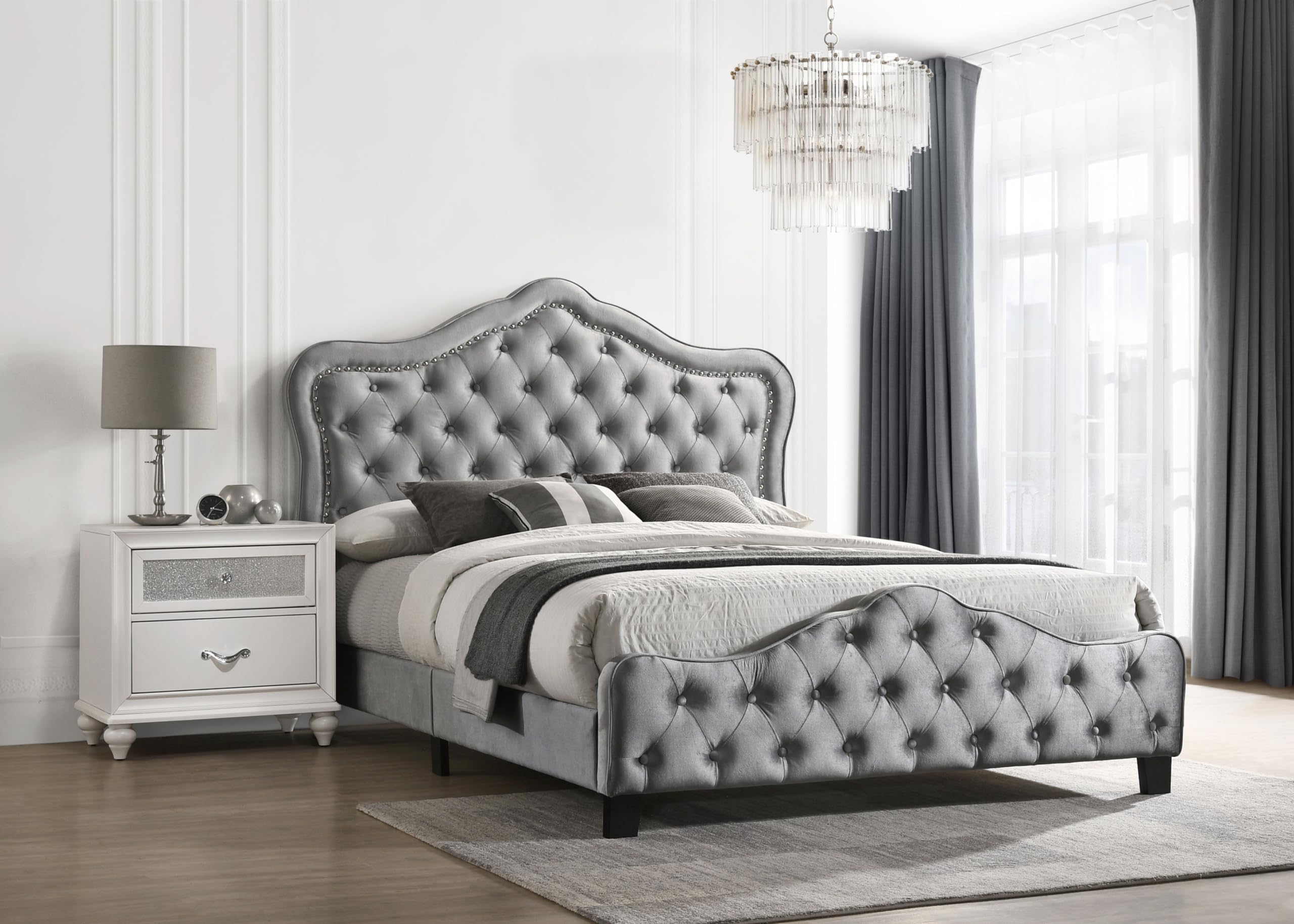 Coaster Home Furnishings Bella Modern Classic Velvet Upholstered California King Size Panel Bed Frame 55-inch Headboard Grey 315871KW
