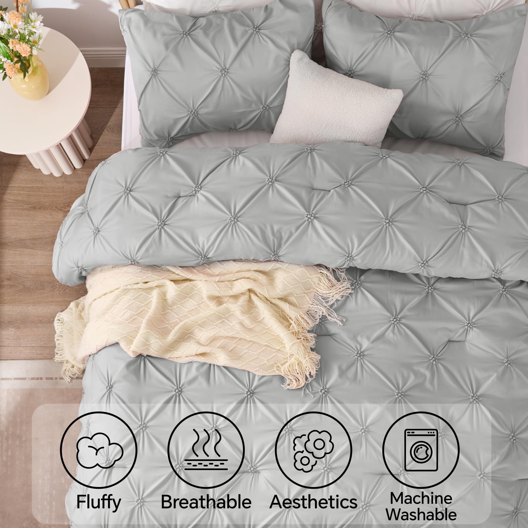 Bedelite Grey Twin Comforter Set For Girls - 2 Peices Boho Pintuck Bedding Comforter Sets, Lightweight Soft & Warm Twin Bedding