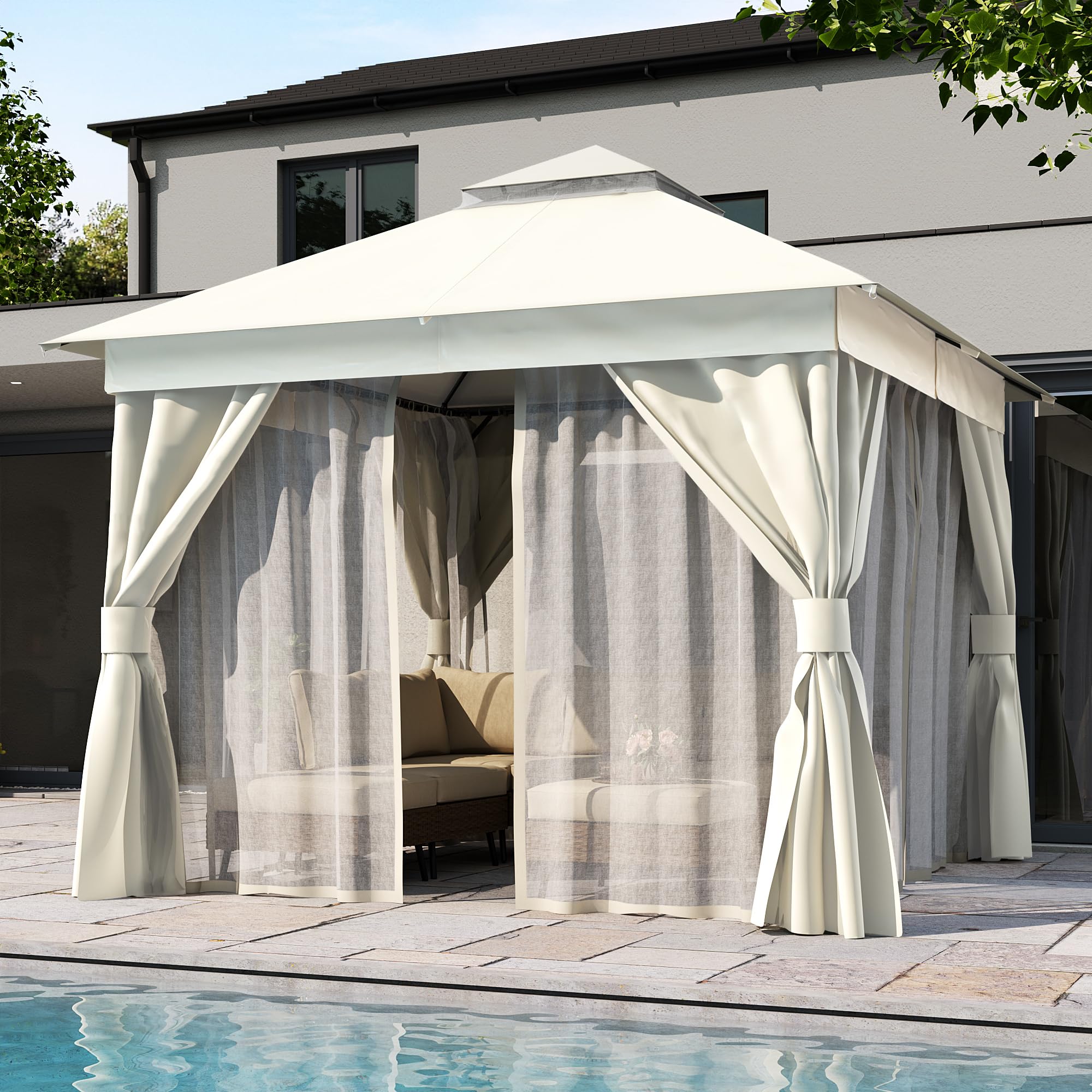 Lausaint Home Outdoor Patio Gazebo 10'X10' With Expansion Bolts, Heavy Duty Gazebos Shelter Party Tent With Double Roofs, Mosquito Nettings And Privacy Screens For Backyard, Garden, Lawn, Cream White